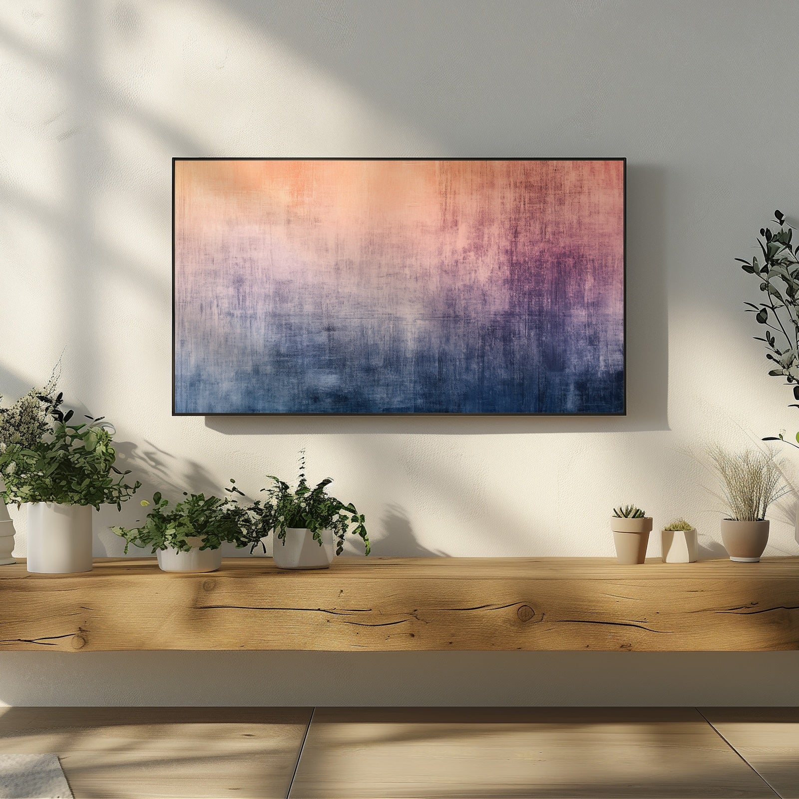 Modern abstract gradient painting in warm peach, violet and deep navy tones, minimal textured artwork for Samsung Frame TV home decor