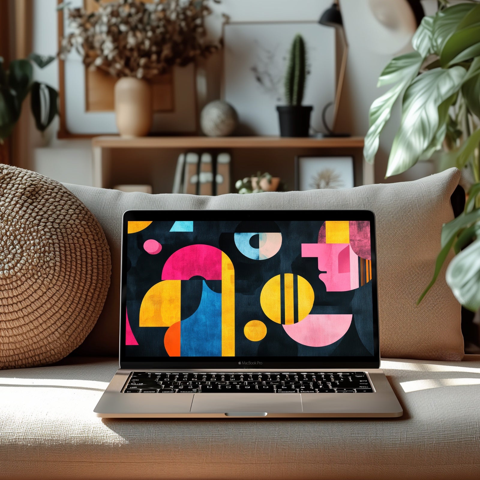 Modern desktop wallpaper featuring bold geometric shapes in vibrant colors like pink, yellow, and blue - a stylish abstract design that adds creativity, energy, and a contemporary touch to your workspace