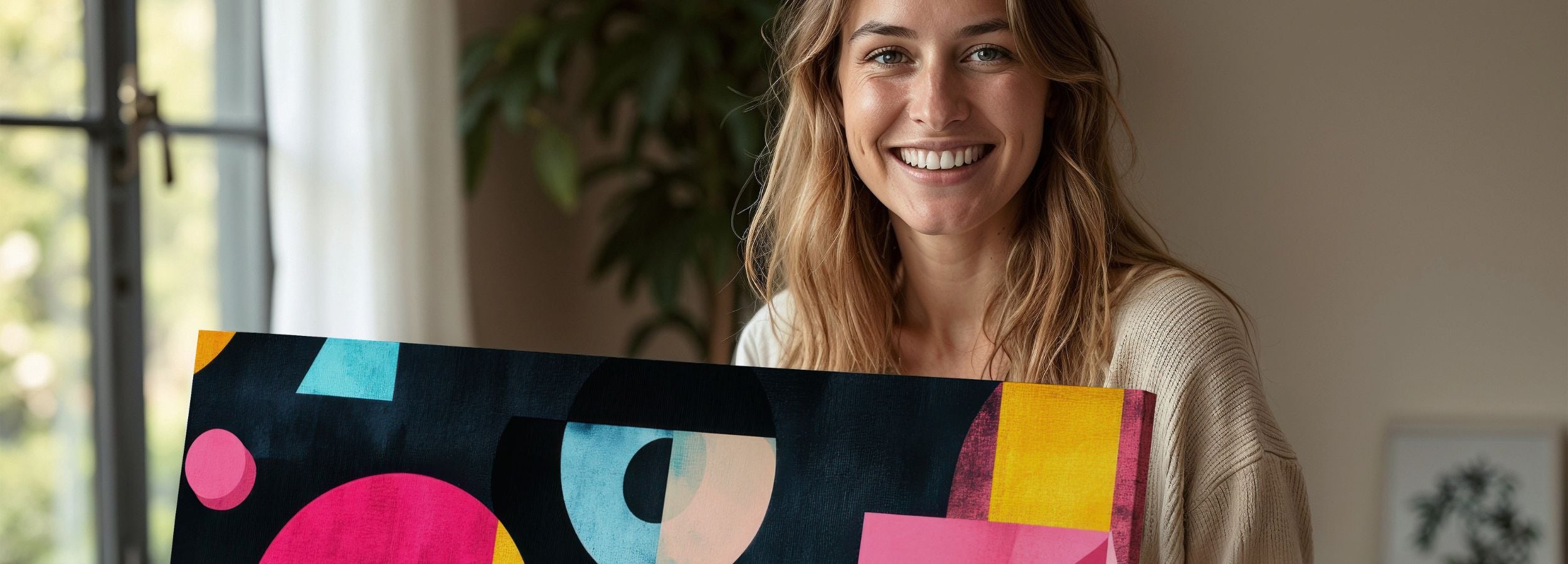 Modern abstract printable wall art featuring bold geometric shapes in vibrant pink, yellow, blue, and black tones, creating a stylish and contemporary statement for modern home decor