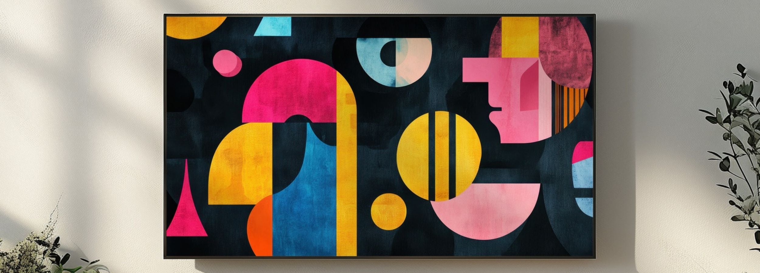 Colorful geometric modern abstract artwork with bold circular and angular shapes, vibrant contemporary digital art for Samsung Frame TV