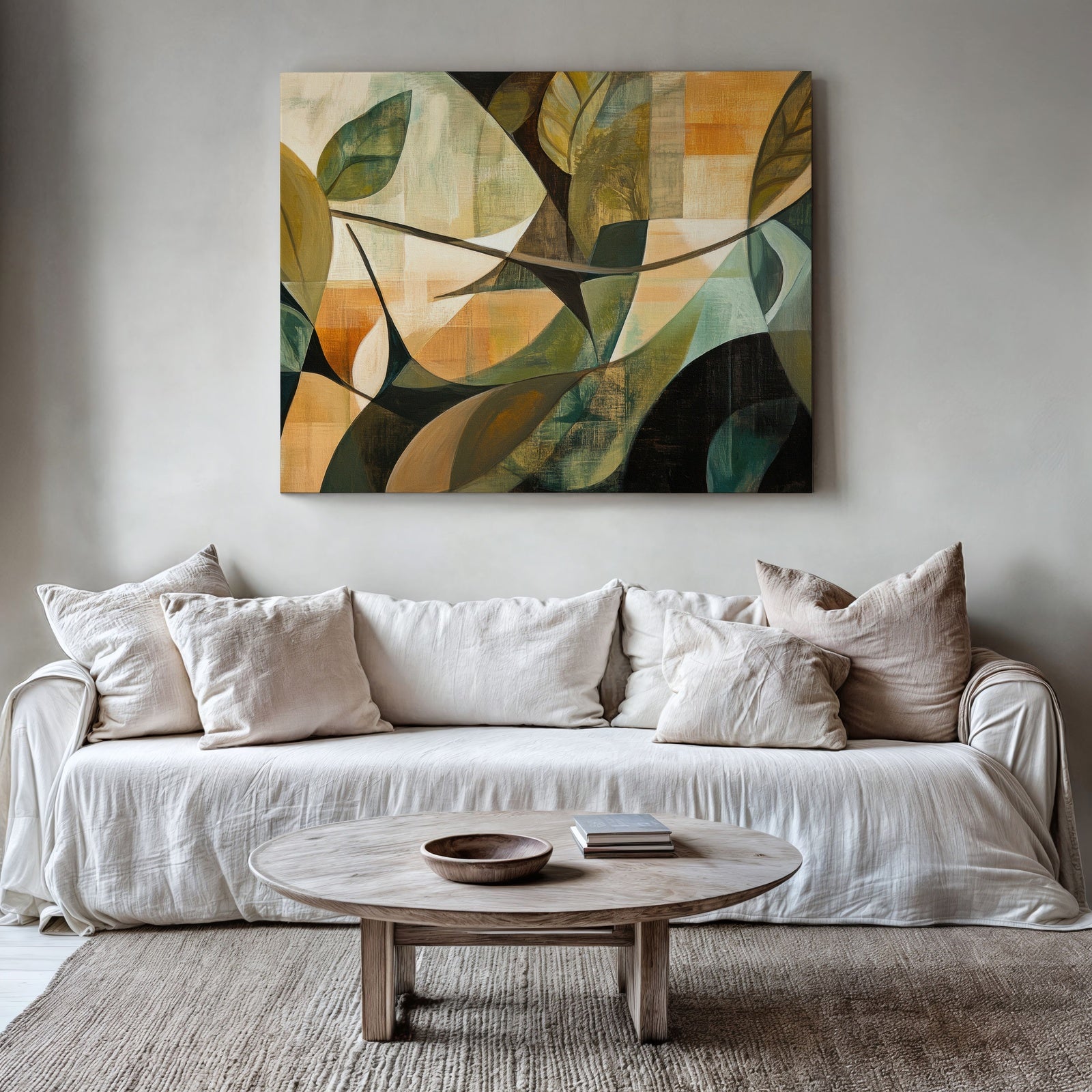 Modern abstract printable wall art with layered organic shapes in earthy green and warm ochre tones, styled above a neutral sofa in a minimalist living room - modern home decor digital download
