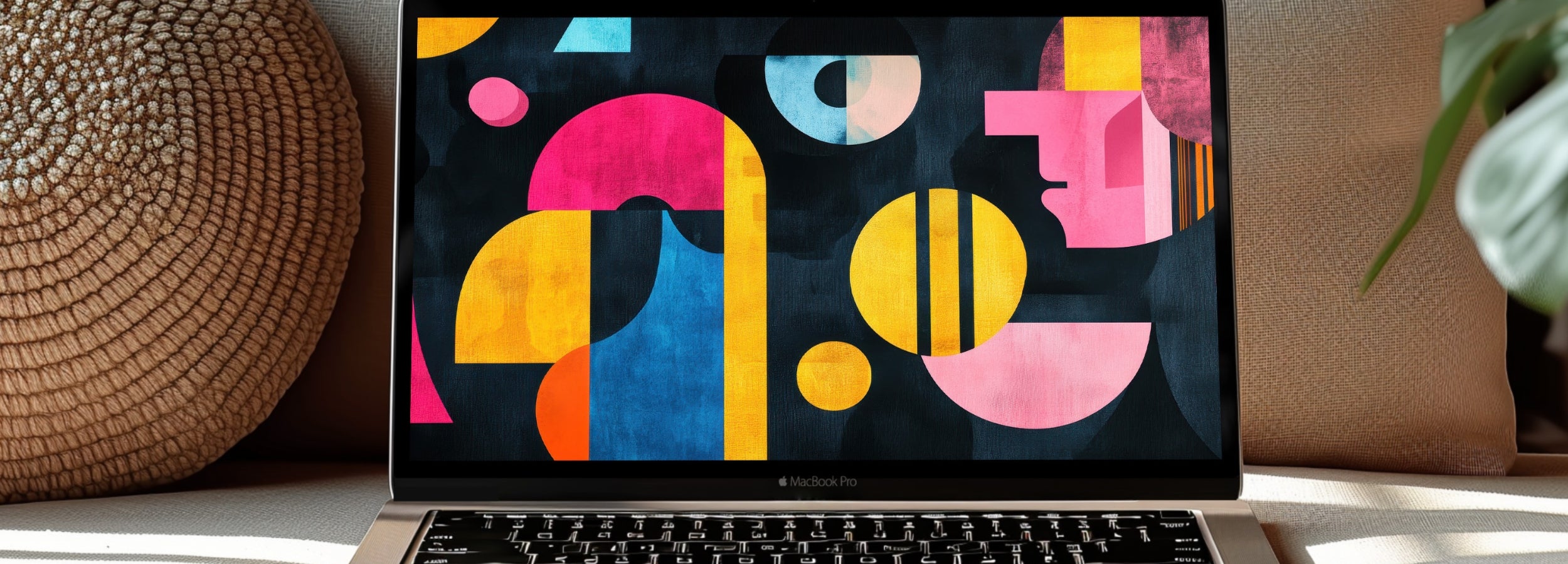 Modern desktop wallpaper featuring bold geometric shapes in vibrant pink, yellow, blue, and orange tones, adding creativity and energy to any workspace