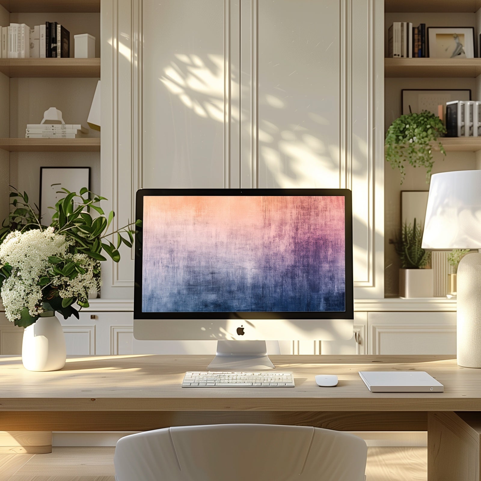 Modern desktop wallpaper featuring a minimalist gradient in warm peach and cool navy tones, creating a sophisticated and calming workspace aesthetic