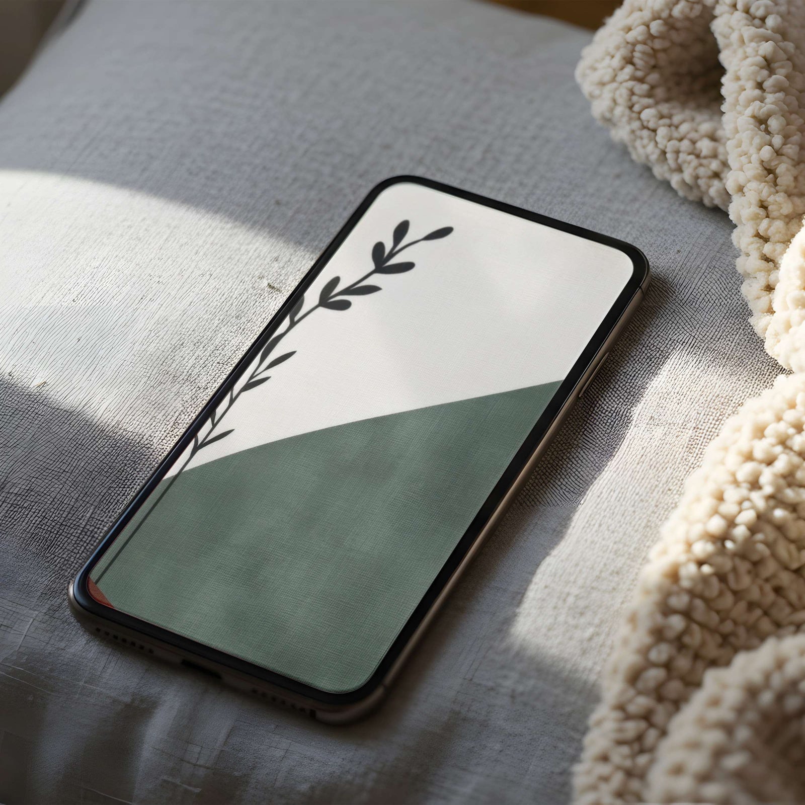 Modern iPhone wallpaper featuring minimalist botanical shapes in soft sage and neutral tones, blending organic lines with geometric balance for a calm, contemporary look that suits everyday life