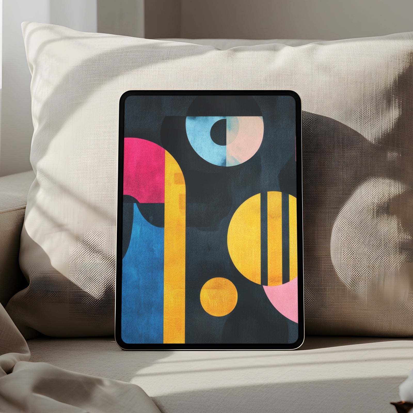 Modern iPad wallpaper with abstract geometric shapes in bold yellow, pink, and blue tones, stylish tablet background that adds artistic energy and contemporary elegance to your digital space