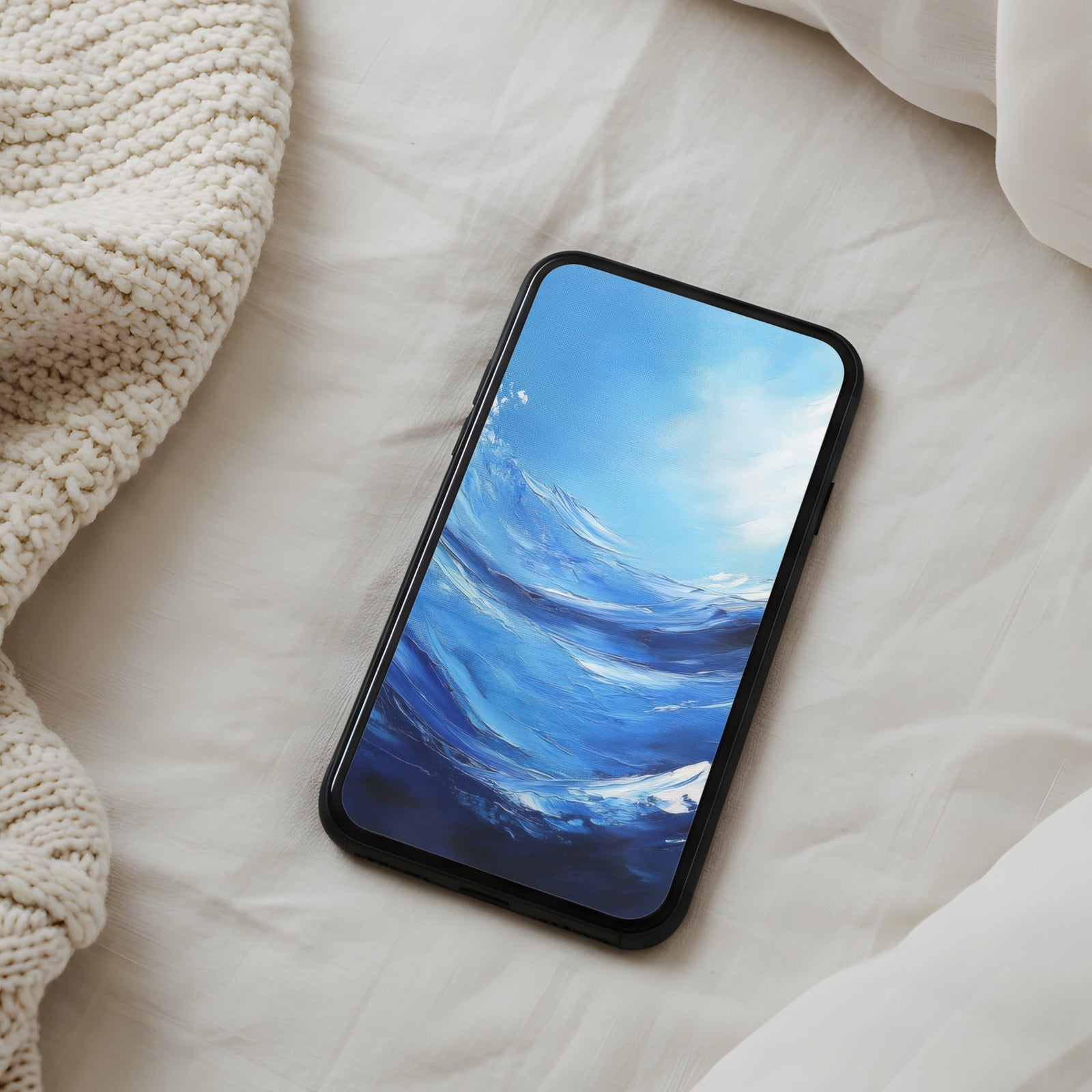 Modern phone wallpaper featuring abstract ocean waves in vibrant blue tones - a fresh, calming and artistic background for a clean, stylish home screen.