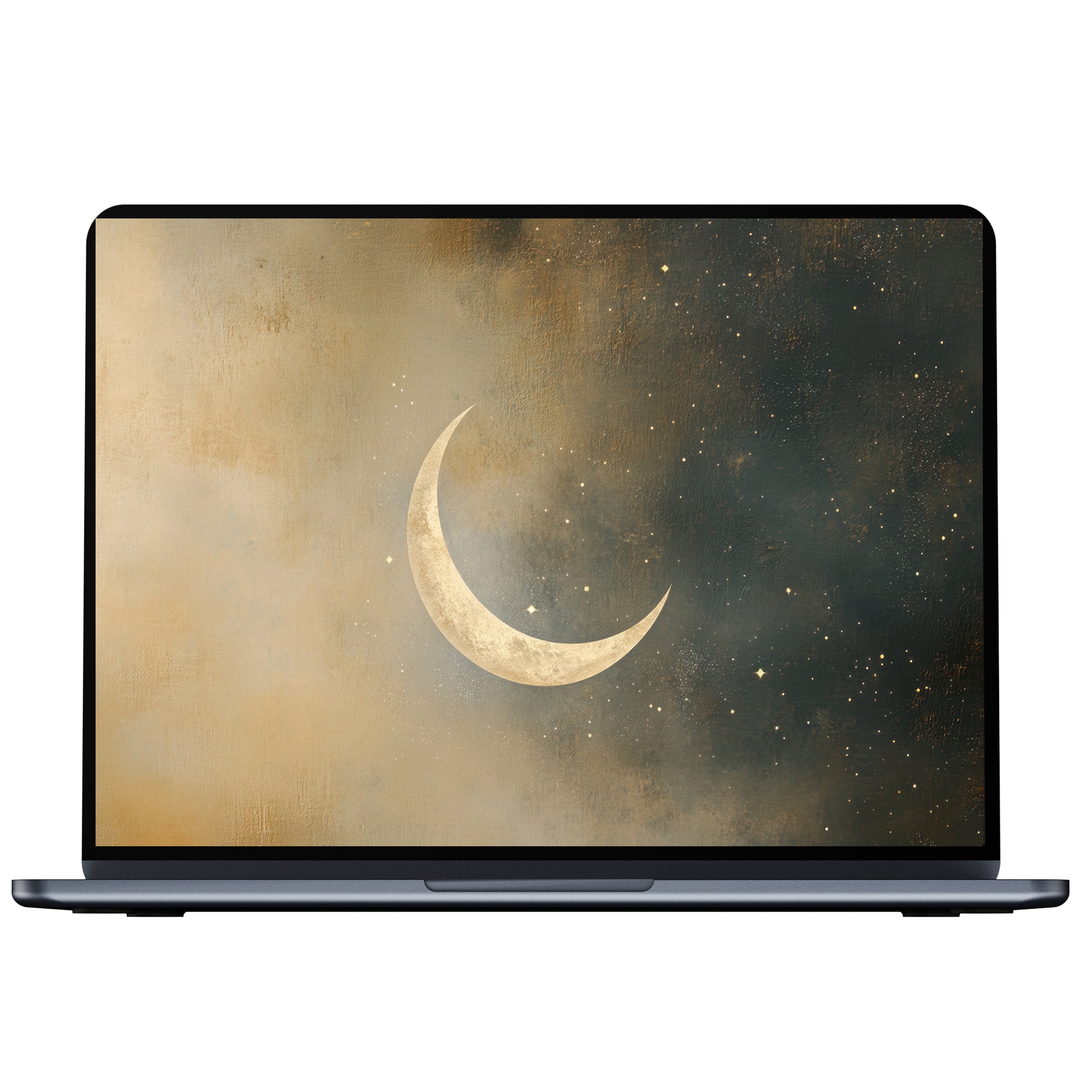 Elegant neutral desktop wallpaper with a celestial crescent moon, inspiring calm and mindfulness, perfect digital download for PC or laptop