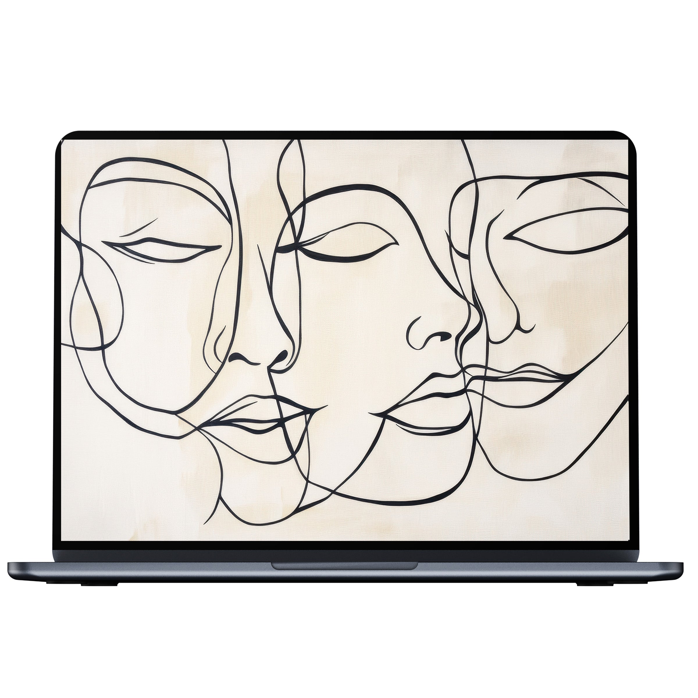 Elegant neutral desktop wallpaper featuring minimalist line art faces in soft beige tones for PC or laptop digital download