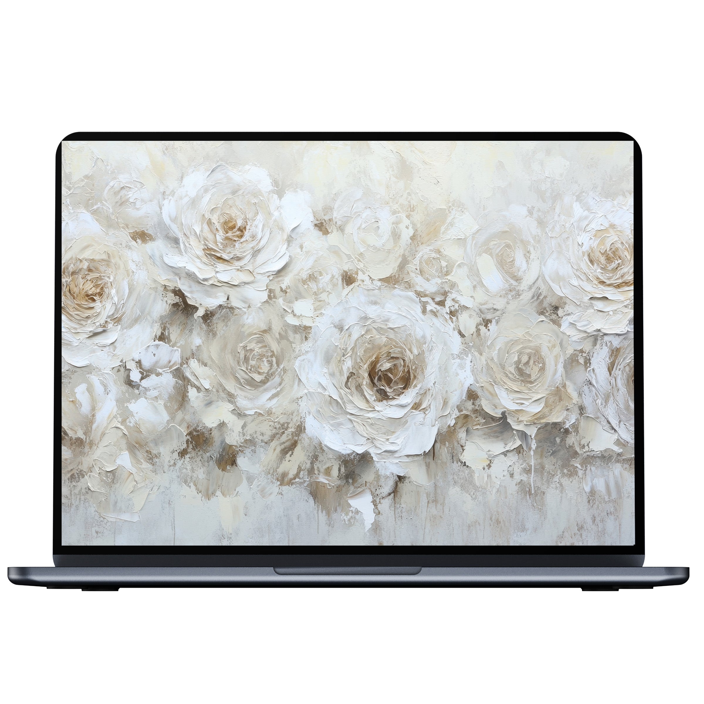 Elegant neutral desktop wallpaper with soft white roses, perfect digital download for a calming PC and laptop experience