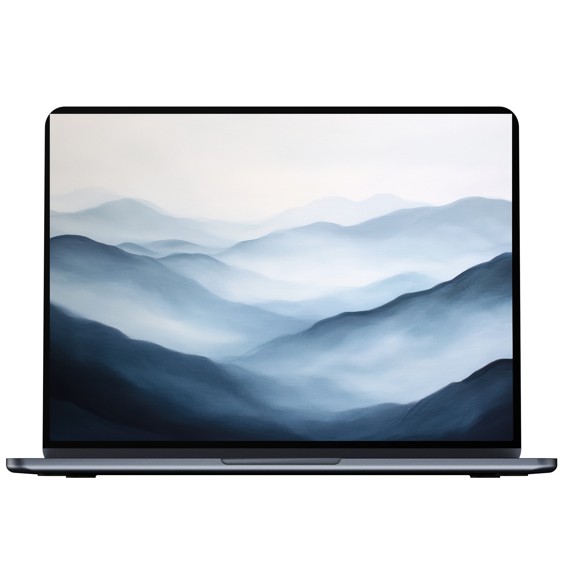 Serene neutral desktop wallpaper featuring misty blue mountains for digital download fits PC Mac laptop enhancing calm elegance