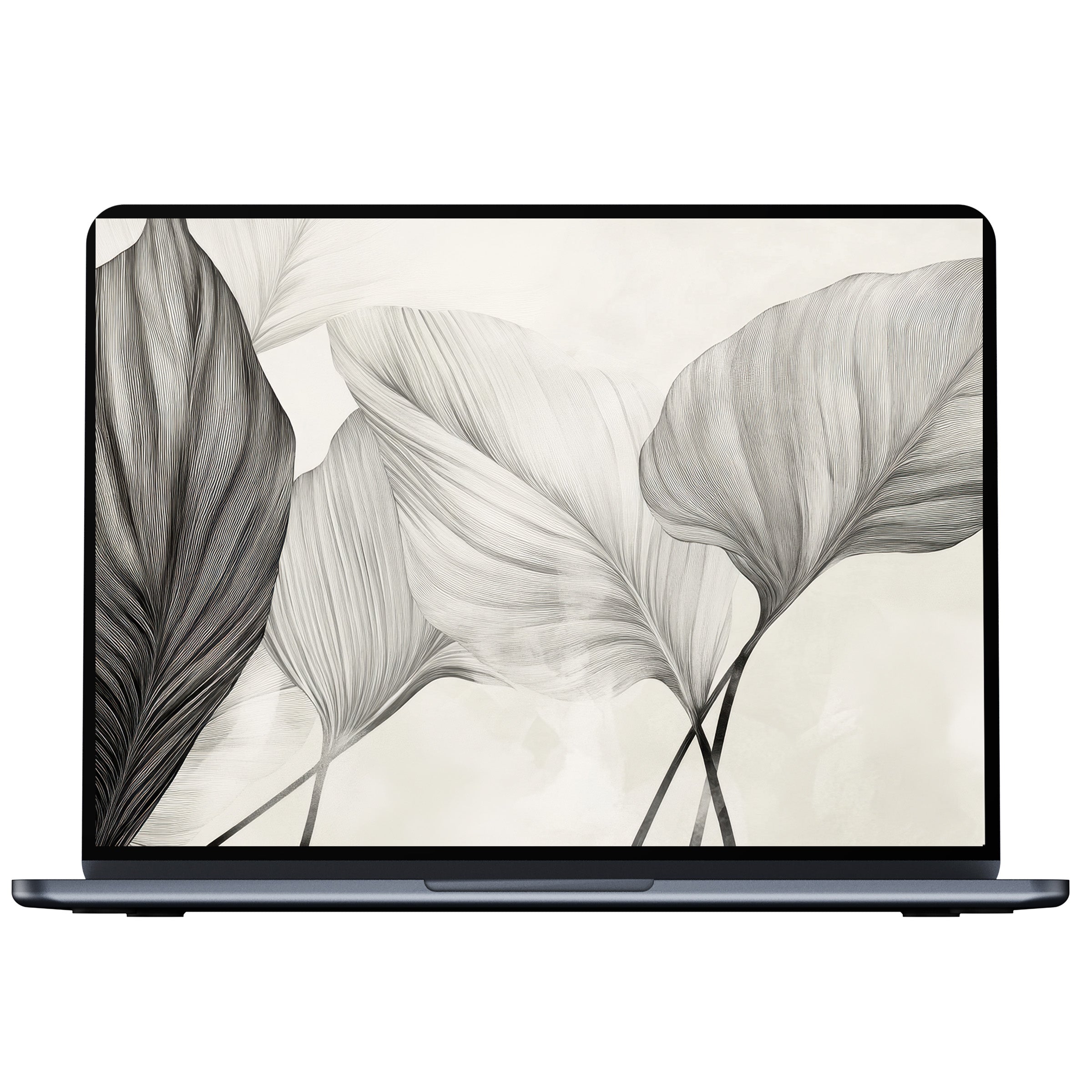 Neutral desktop wallpaper with elegant gray leaf sketches, perfect digital download for PC, laptop, and Mac, inspiring calm and elegance
