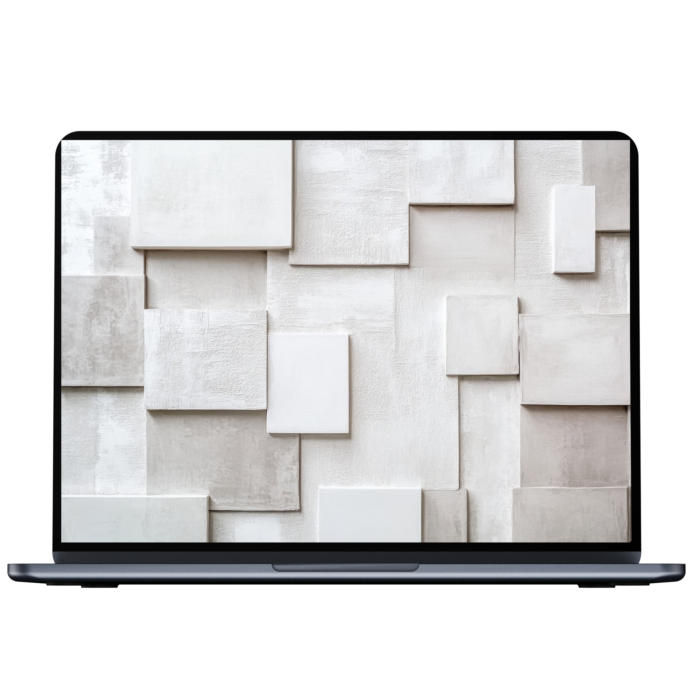 Neutral desktop wallpaper featuring an elegant mosaic of textured squares in soft whites and grays, ideal digital download for PC, laptop