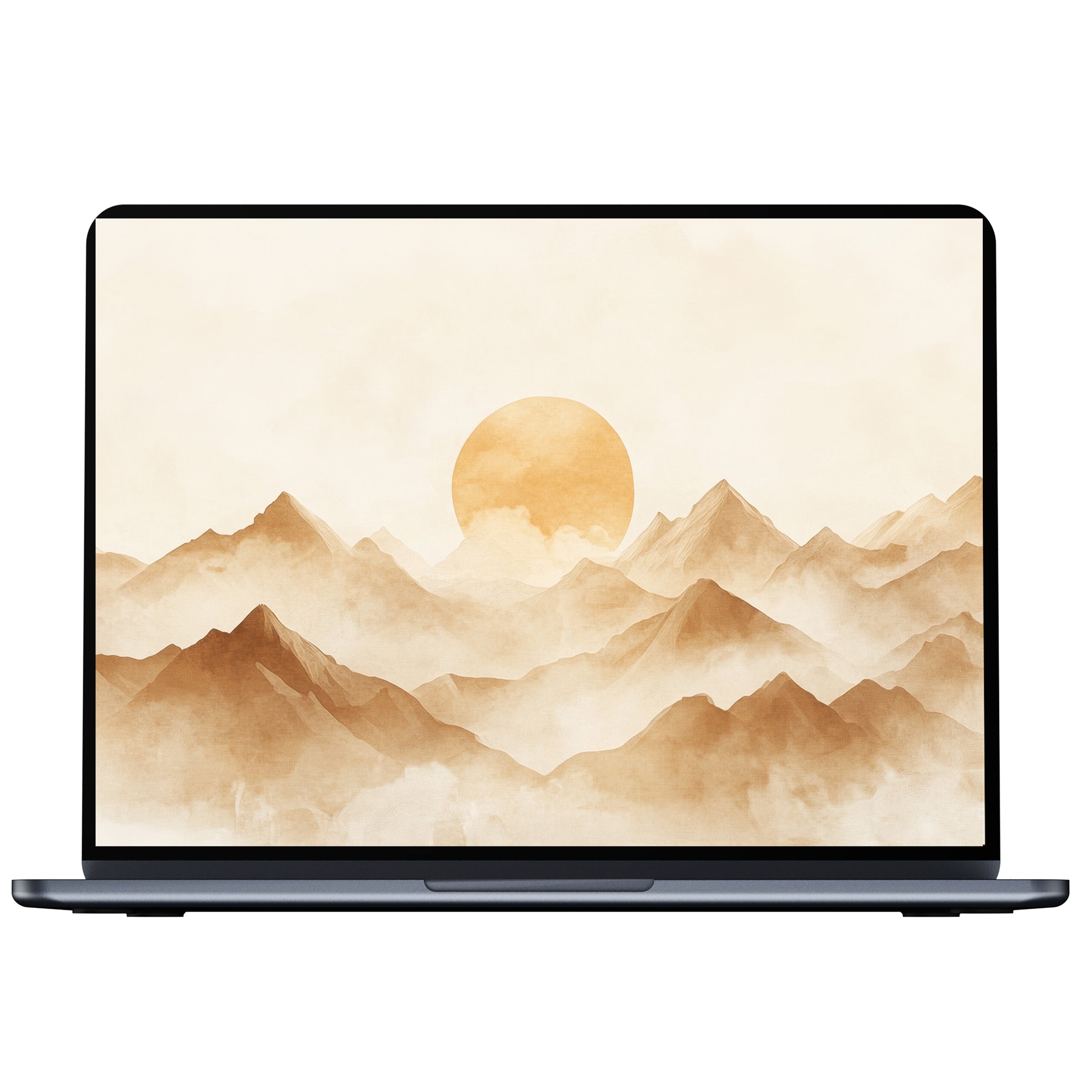 Neutral desktop wallpaper with serene mountain silhouettes and a soft sun glow, perfect digital download for PC or laptop use