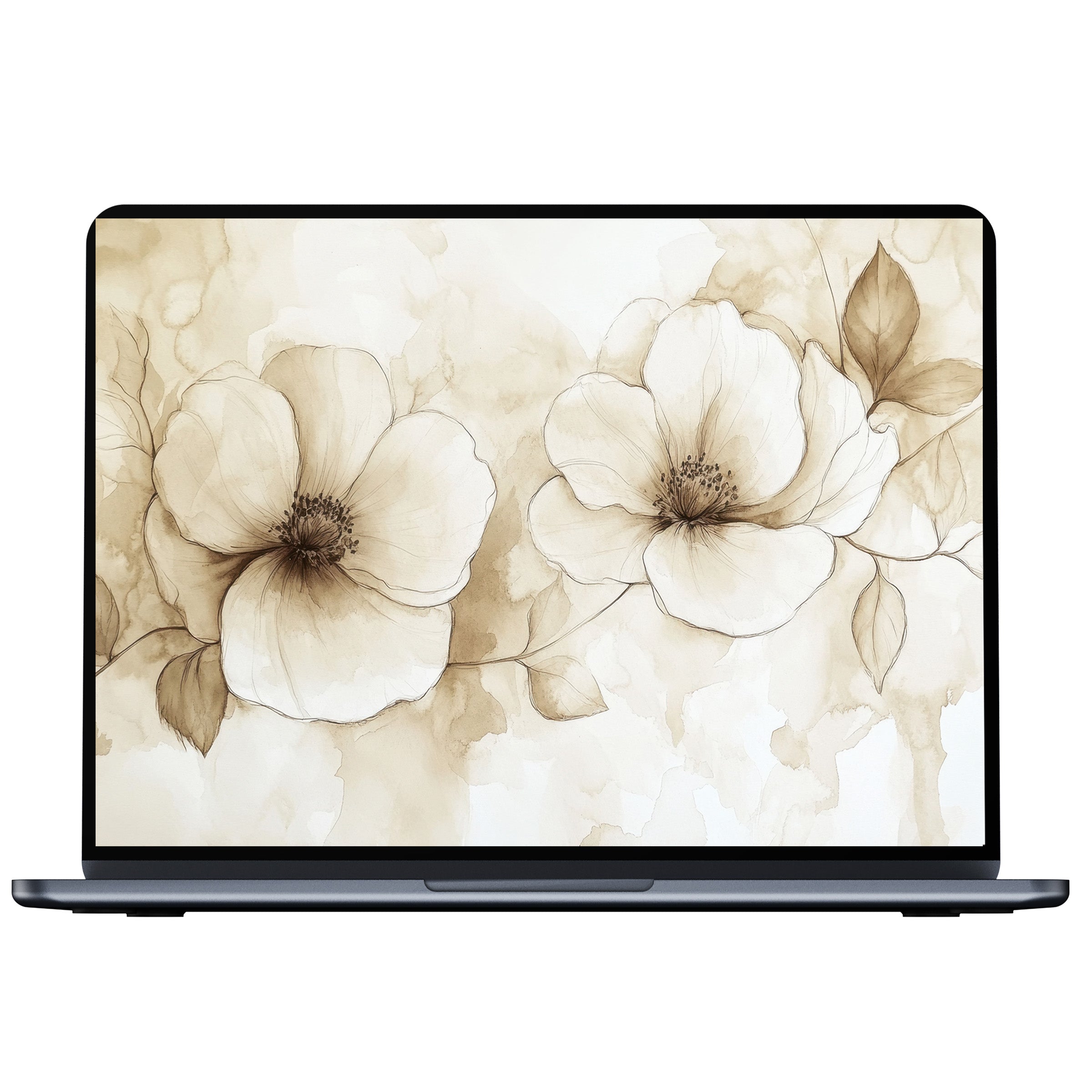 Elegant neutral desktop wallpaper with watercolor flowers offers calm inspiration for pc or laptop digital download use