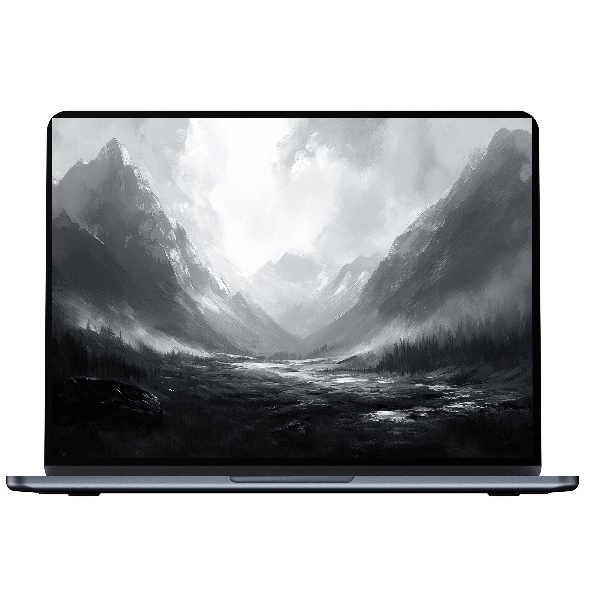 Elegant neutral desktop wallpaper with misty mountains in grayscale for digital download inspiring calm on PC and laptop screens