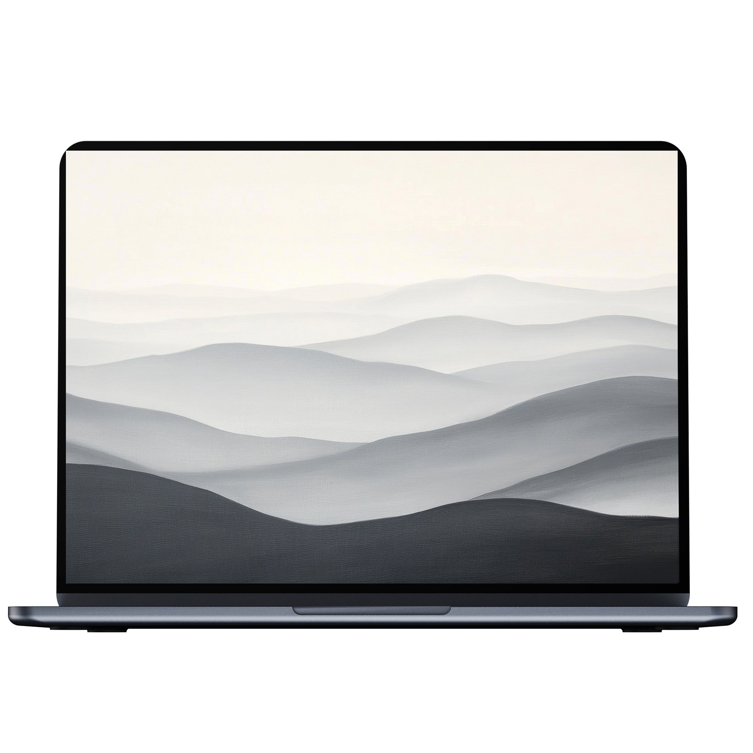 Serene neutral desktop wallpaper featuring soft grey mountain layers, perfect digital download for mindfulness on PC or laptop screens