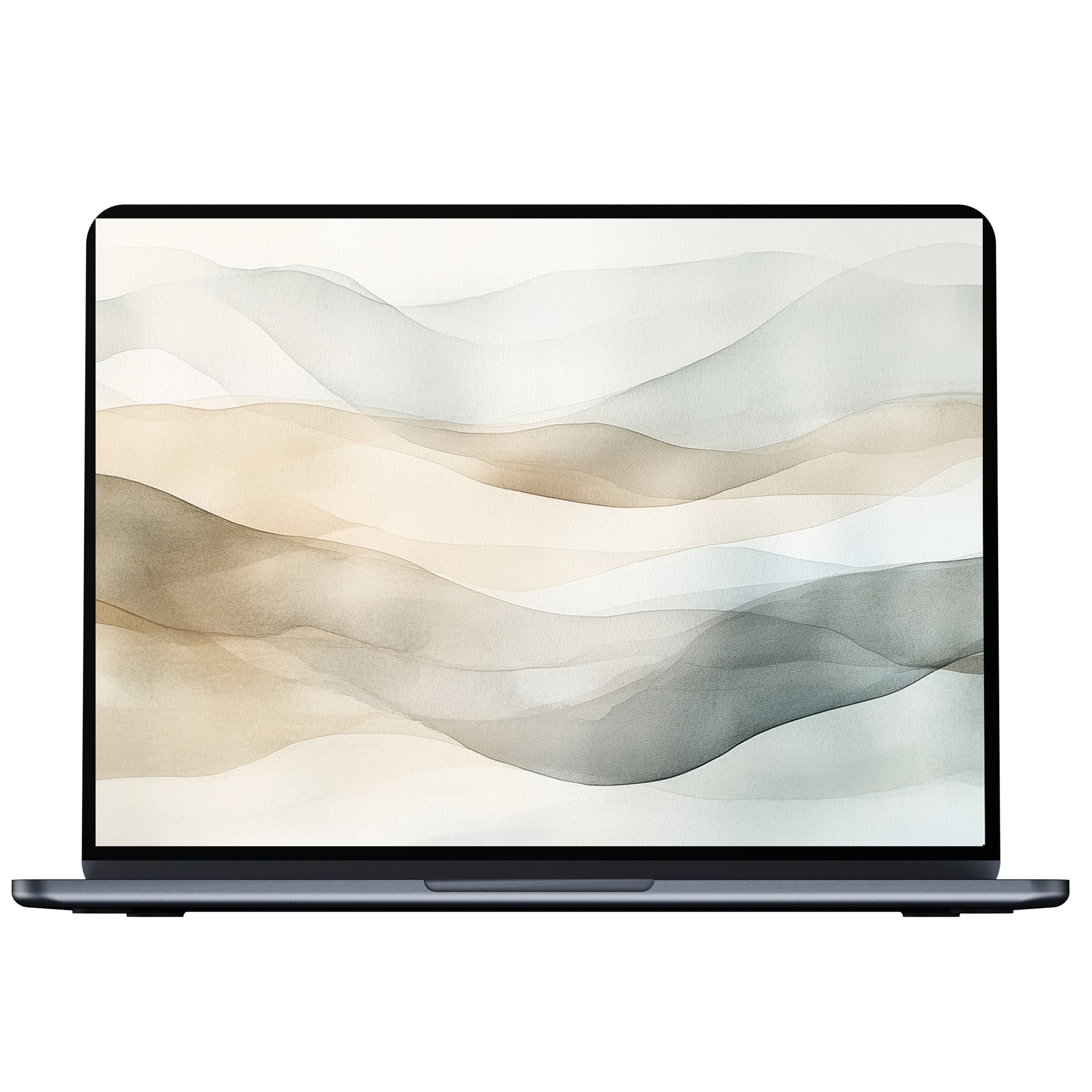 Elegant neutral desktop wallpaper featuring calming beige and gray watercolor waves for digital download, ideal for PC or laptop backgrounds