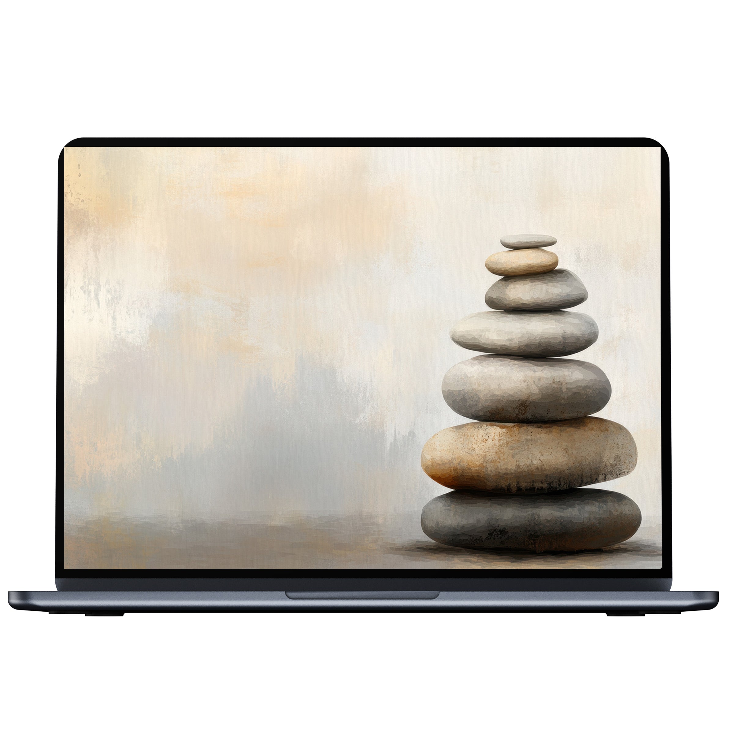Minimalist digital download of a neutral desktop wallpaper featuring smooth stone stack art for PC, laptop, and Mac inspiration