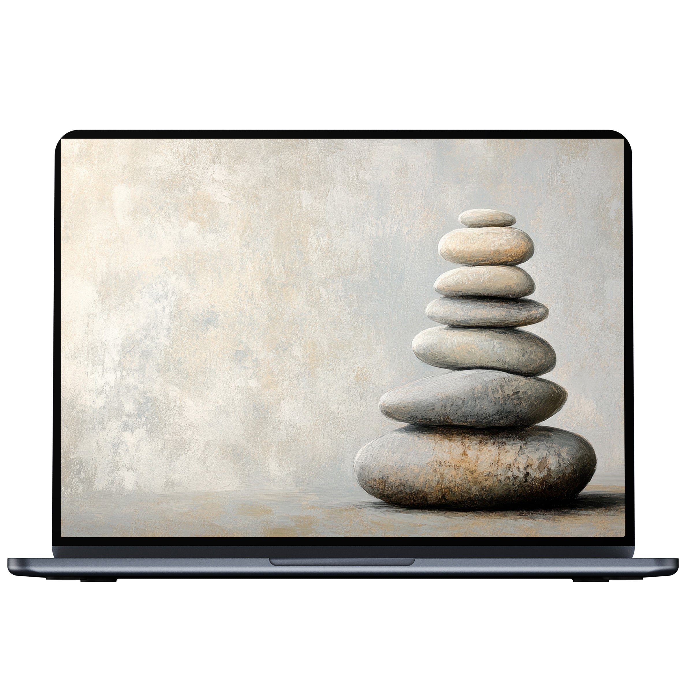 Neutral desktop wallpaper showcasing a serene stack of smooth stones on subtle textures, perfect digital download for pc or laptop display