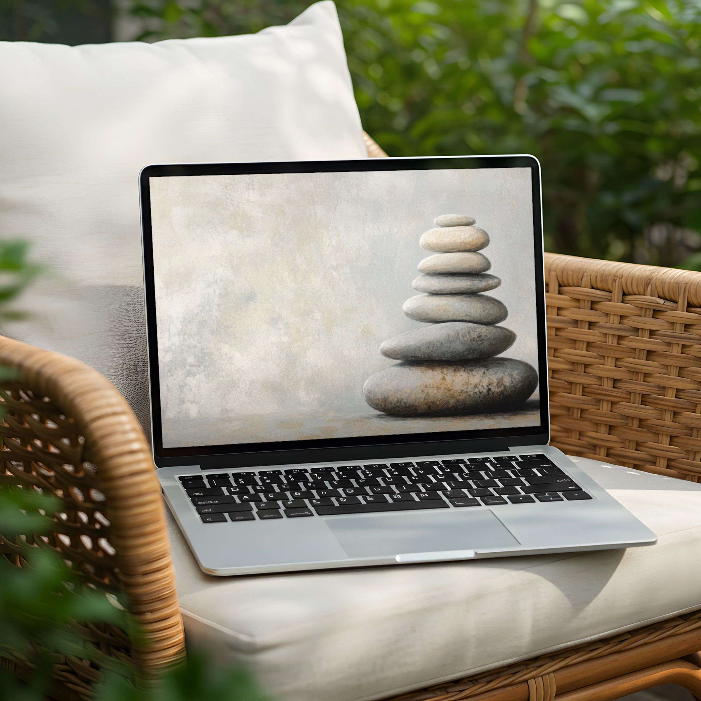 Elegant stacked stones on a desktop background for instant download evoke calm and mindfulness on your PC or Laptop screen