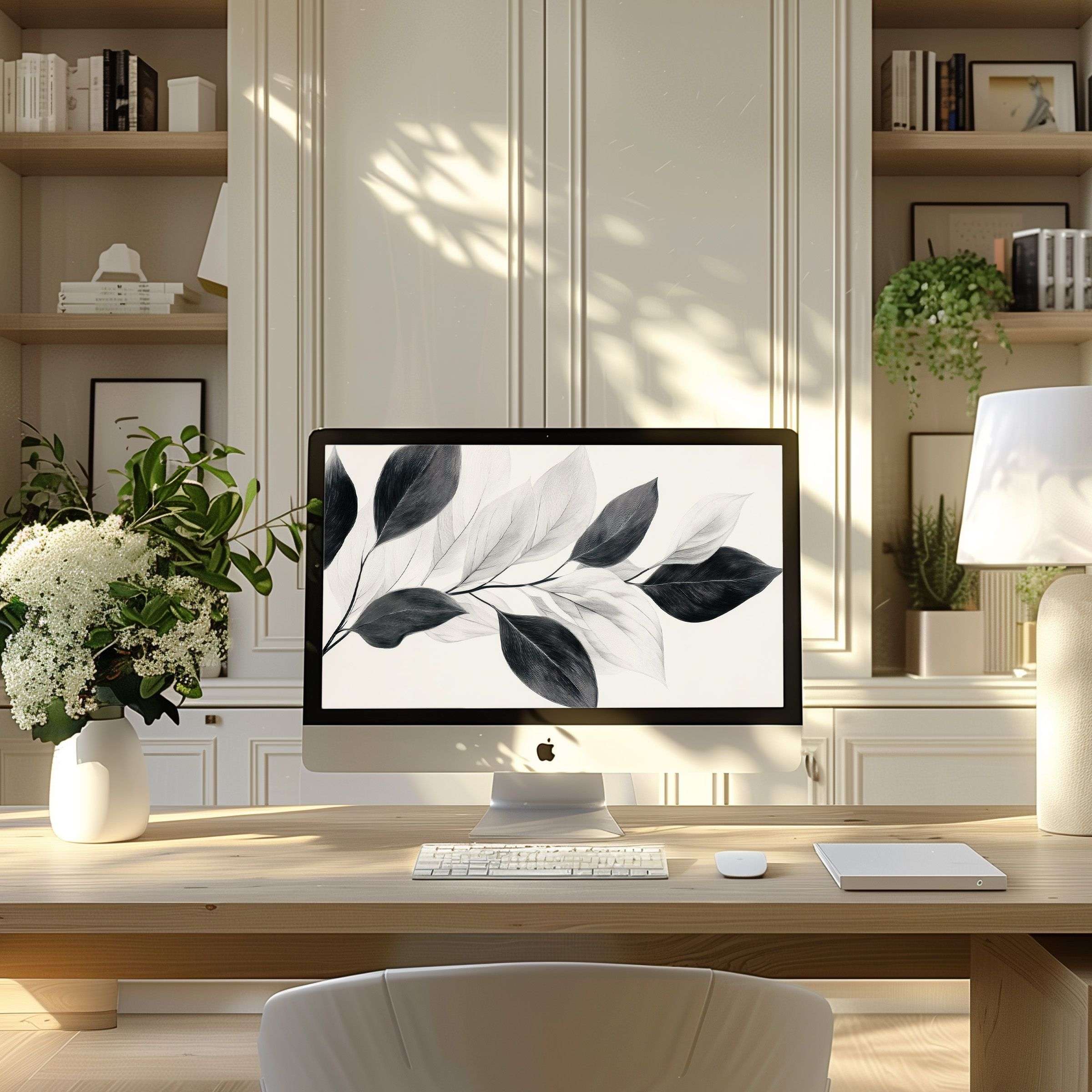 Elegant leaf design wallpaper for computer brings calm inspiration to your modern home office, perfect for PC, laptop, ultrawide