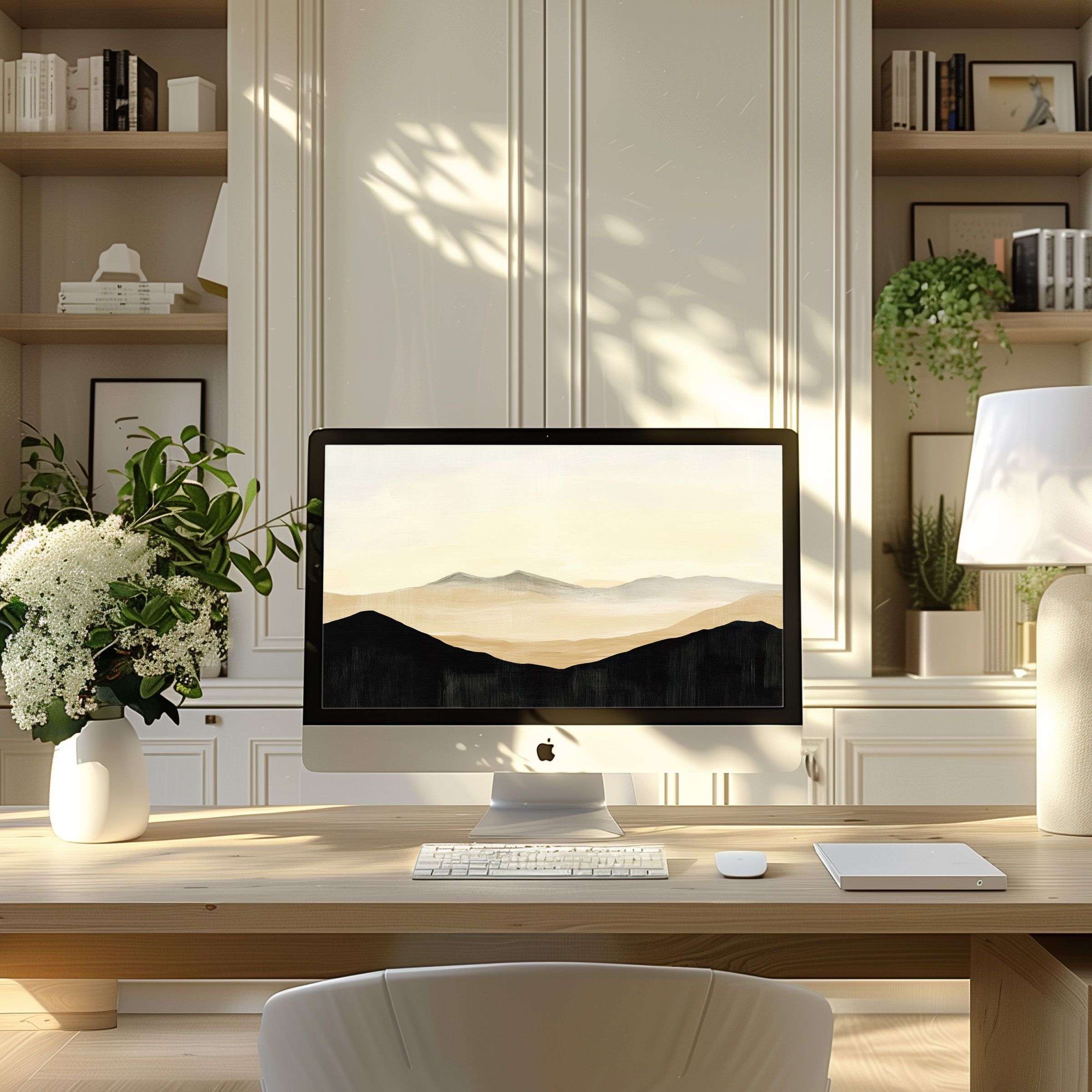 Elegant watercolor landscape on PC monitor offers a calming wallpaper for computer or laptop in a serene modern home office ambiance