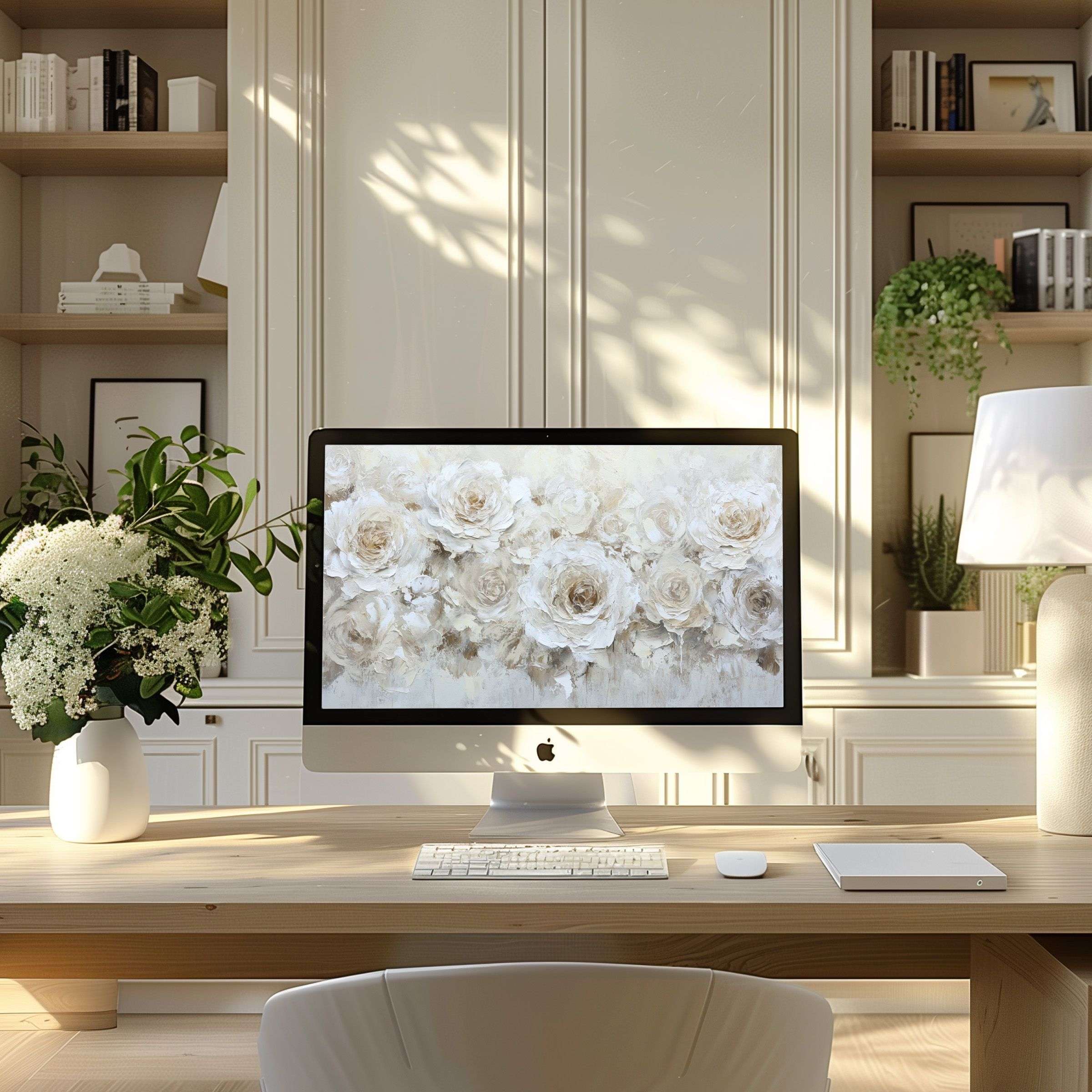 Elegant floral wallpaper for computer on sleek desk in modern home office inspires calm beauty and fits PC, laptop, ultrawide