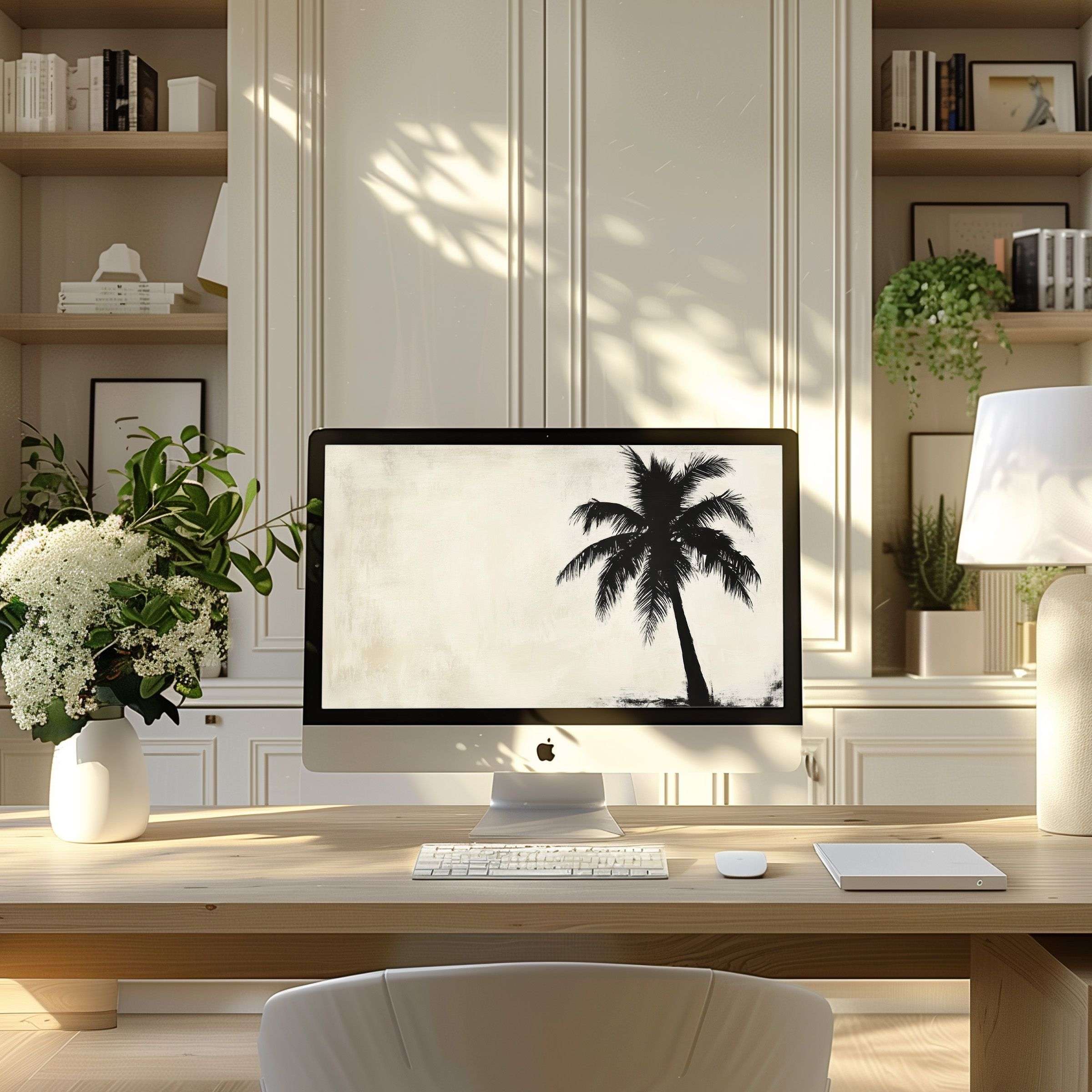 Elegant palm silhouette digital art as a serene wallpaper for computer, PC, laptop in a modern home office setting