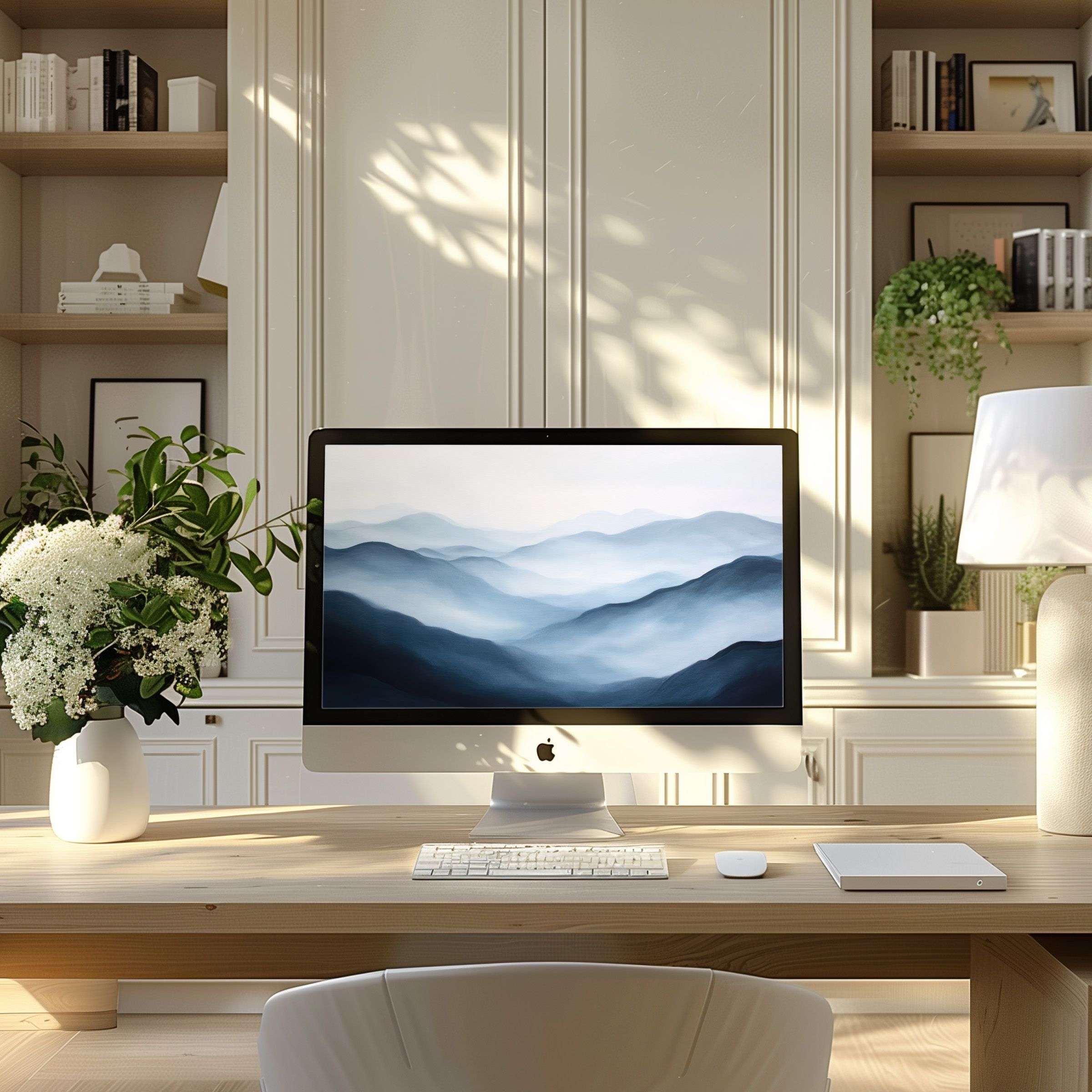 Elevate your modern home office with a calming digital wallpaper for computer, perfect for PC and laptop inspiration and elegance