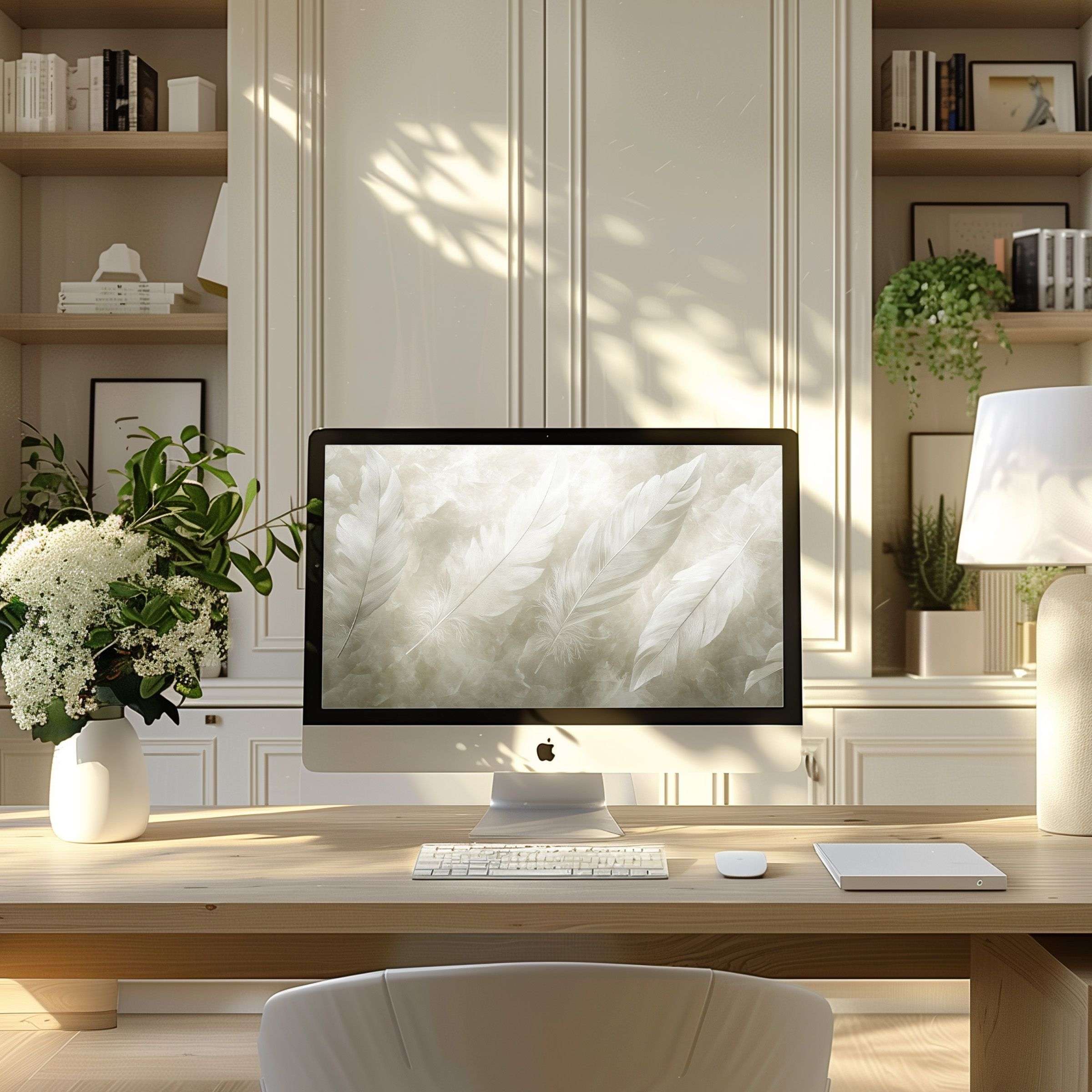 Elegant feather art wallpaper for computer, PC, and laptop inspiring calm in a modern home office perfect for digital download