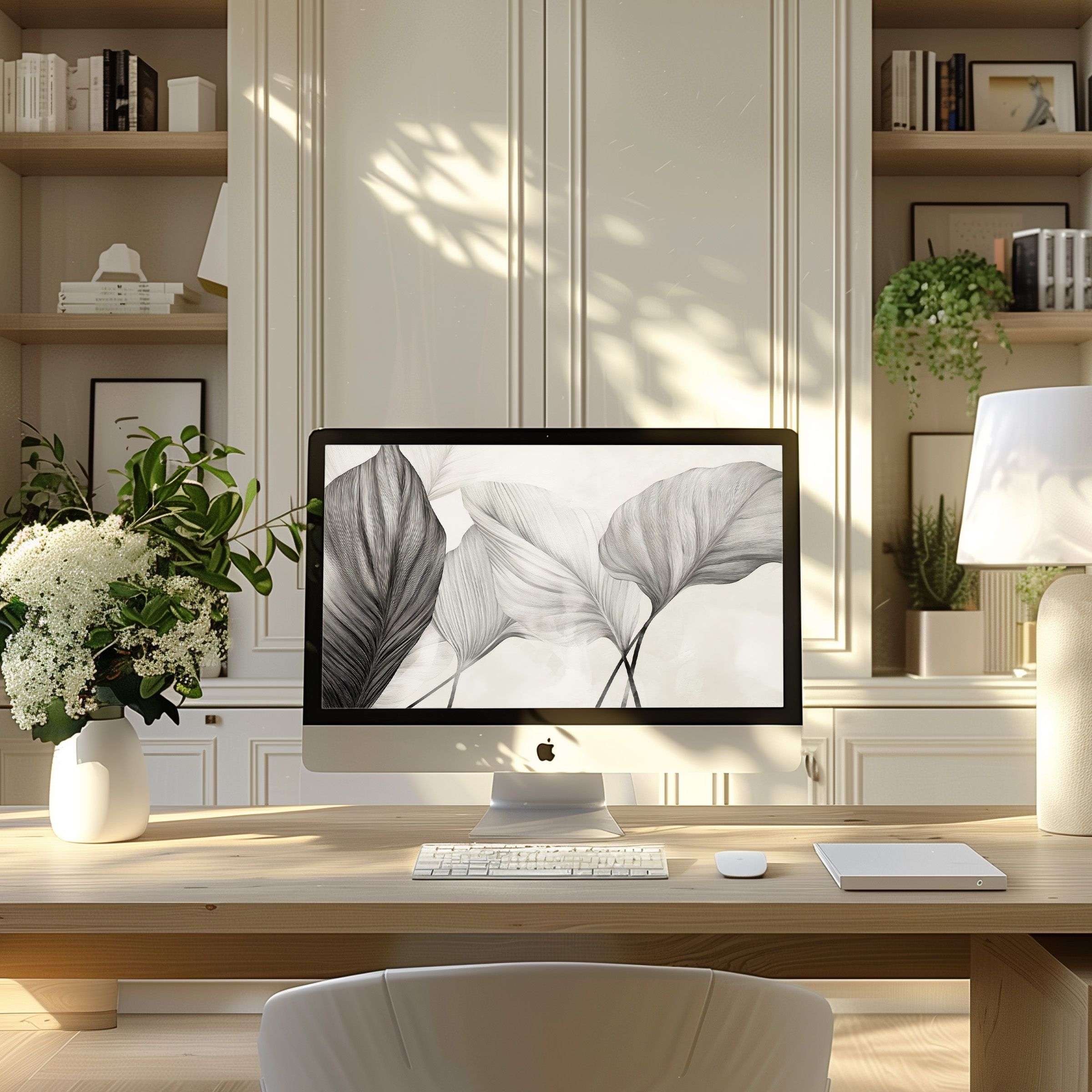 Elegant leaf motif wallpaper for computer offers calm inspiration on PC and laptop screens perfect for a modern home office
