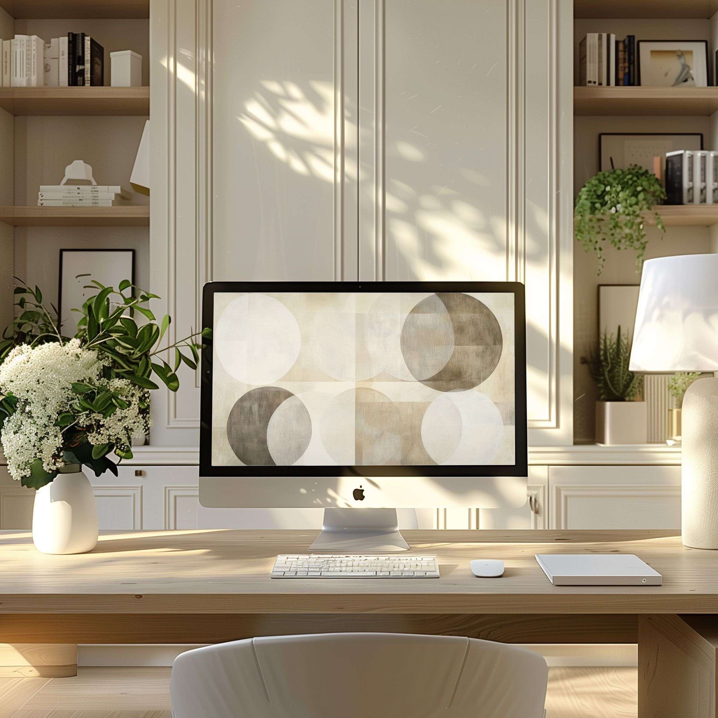 Elegant abstract circles in neutral tones create a calming wallpaper for computer PC or laptop in a modern home office setting