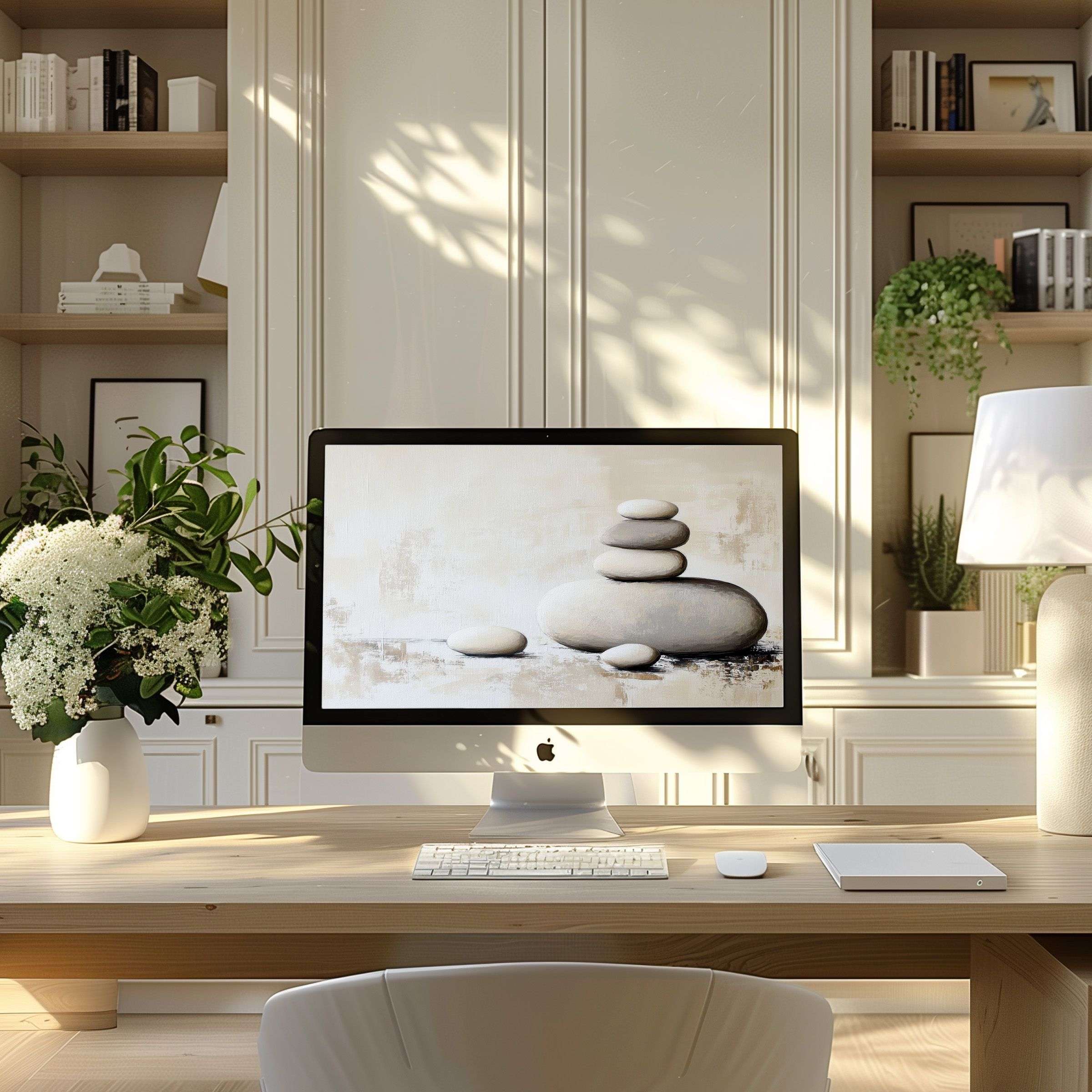 Calming zen stones digital wallpaper for computer or laptop transforms modern home office into an inspiring, elegant PC workspace