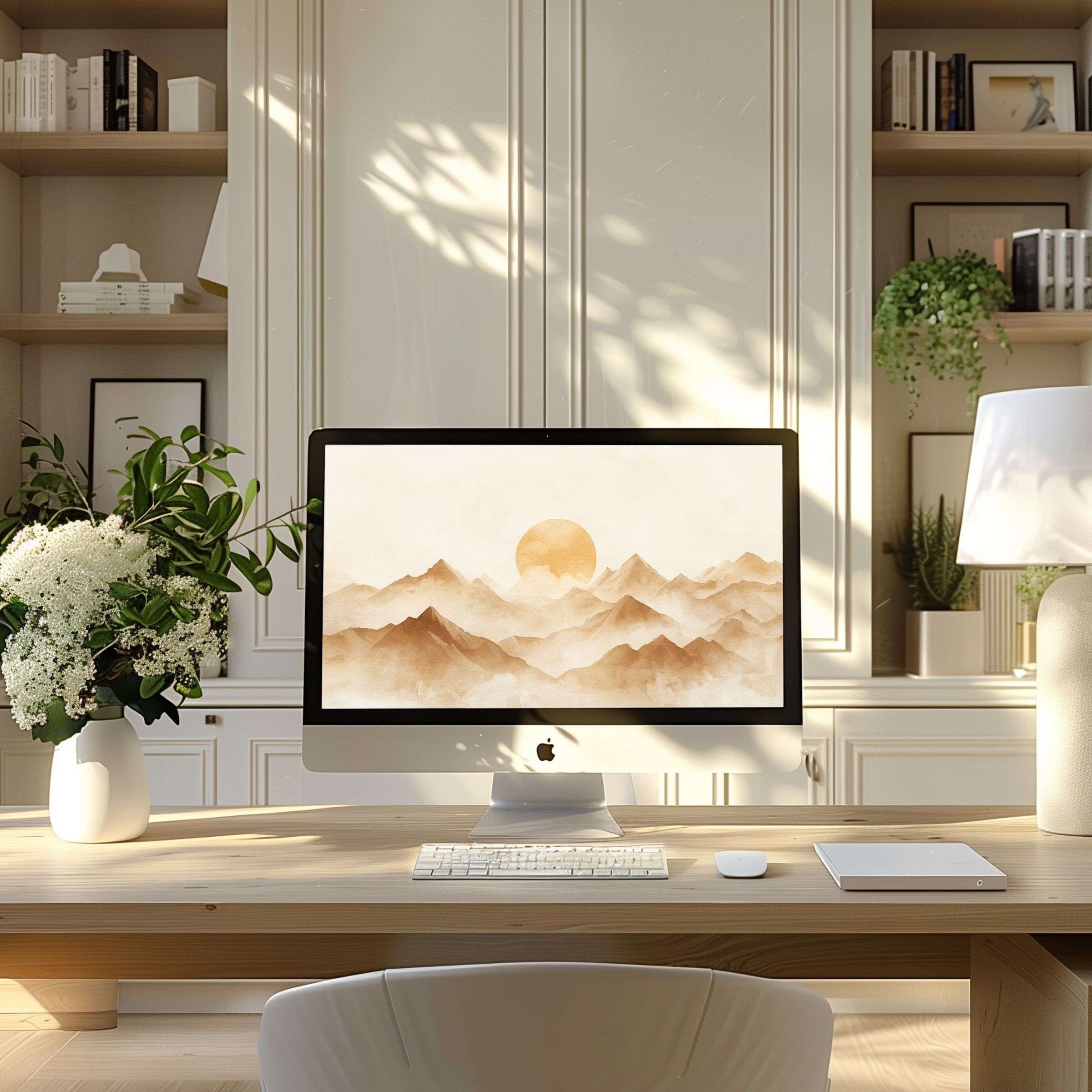 Elegant mountain sunrise wallpaper for computer adds calm and inspiration to modern home office, ideal for PC and Laptop download