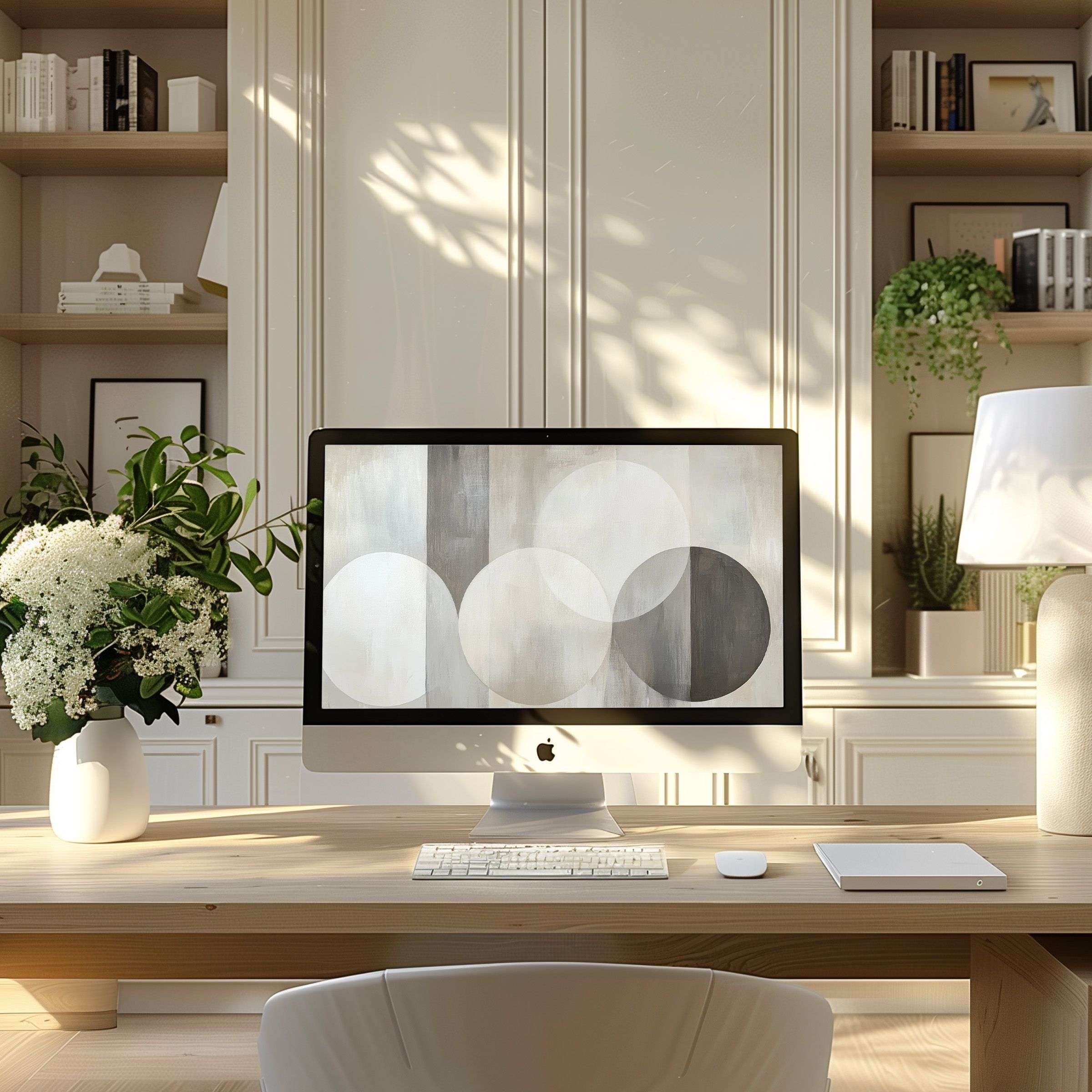 Abstract gray and white circles wallpaper for computer inspires calm and elegance in a modern home office for PC or Laptop use