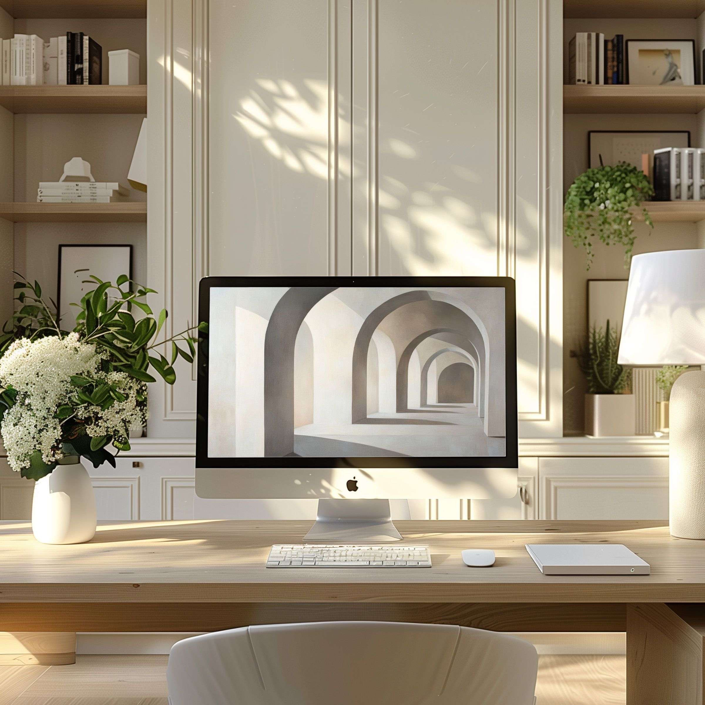 Elegant abstract arches in soft tones create calming inspiration as a wallpaper for computer PC and laptop in a modern office