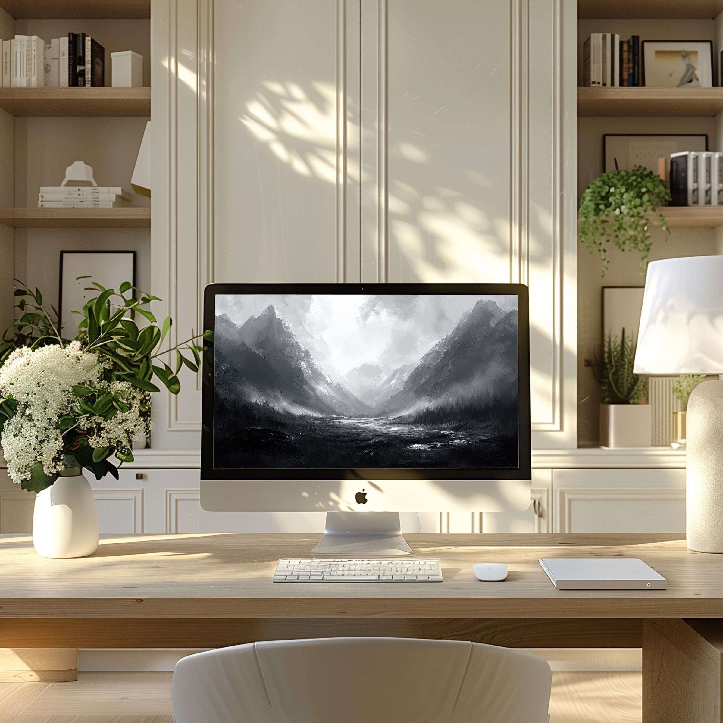 Elegant grayscale mountain scene wallpaper for computer offering calm inspiration for PC or laptop in a modern home office setting