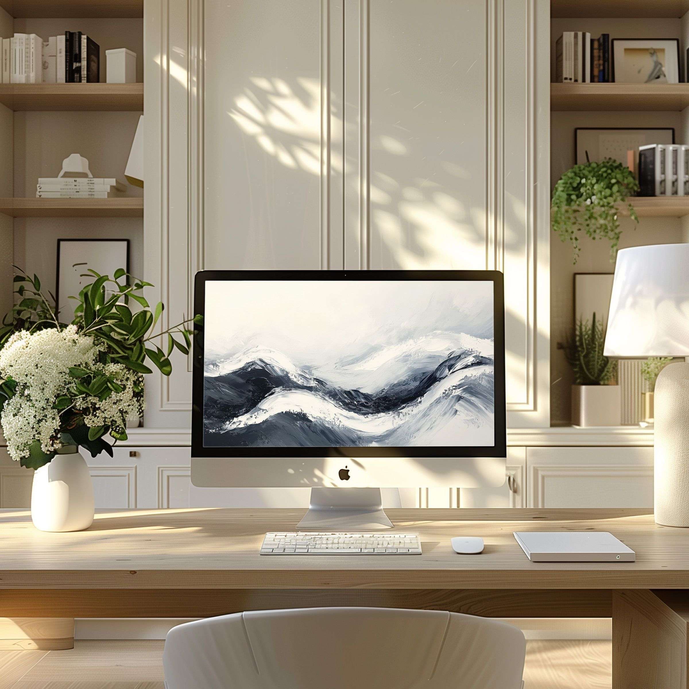 Elegant abstract wave wallpaper for computer in a serene modern home office setting, perfect for PC and laptop digital download