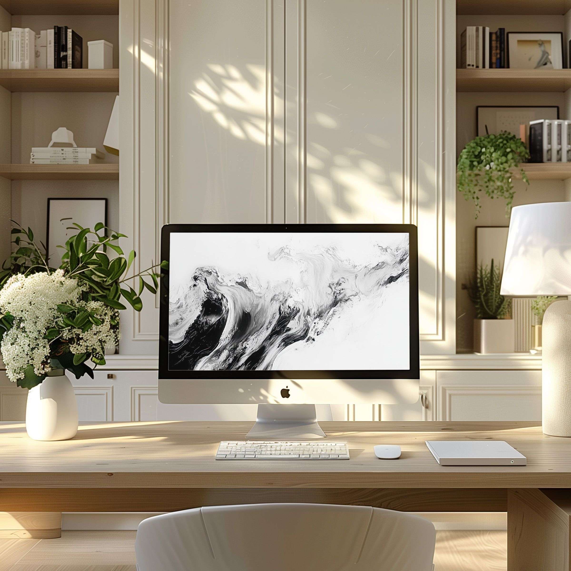 Elegant black and white abstract art wallpaper for computer inspires calm in a modern home office setting for PC and Laptop