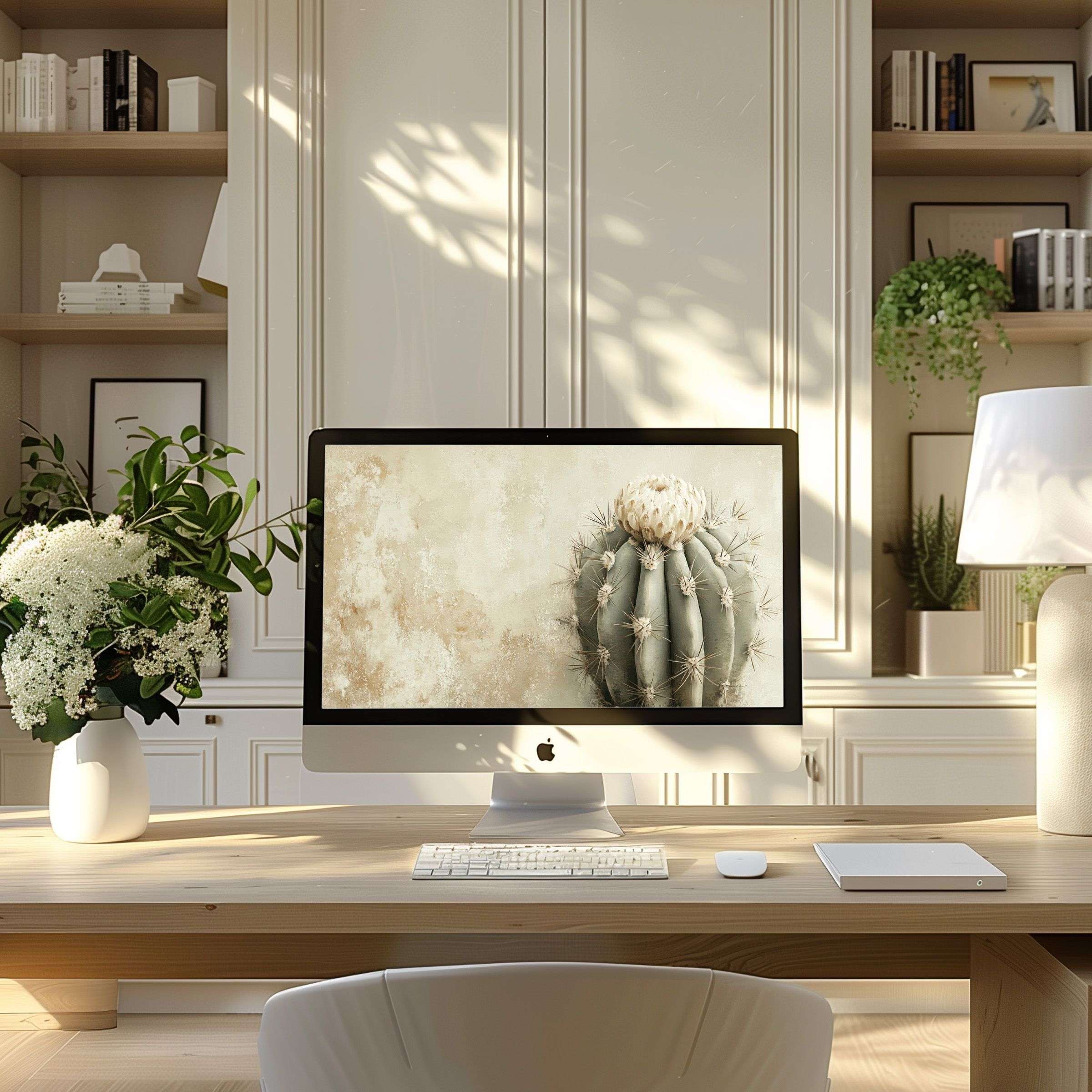 Elegant wallpaper for computer featuring a serene cactus motif enhances a modern home office for PC or laptop users