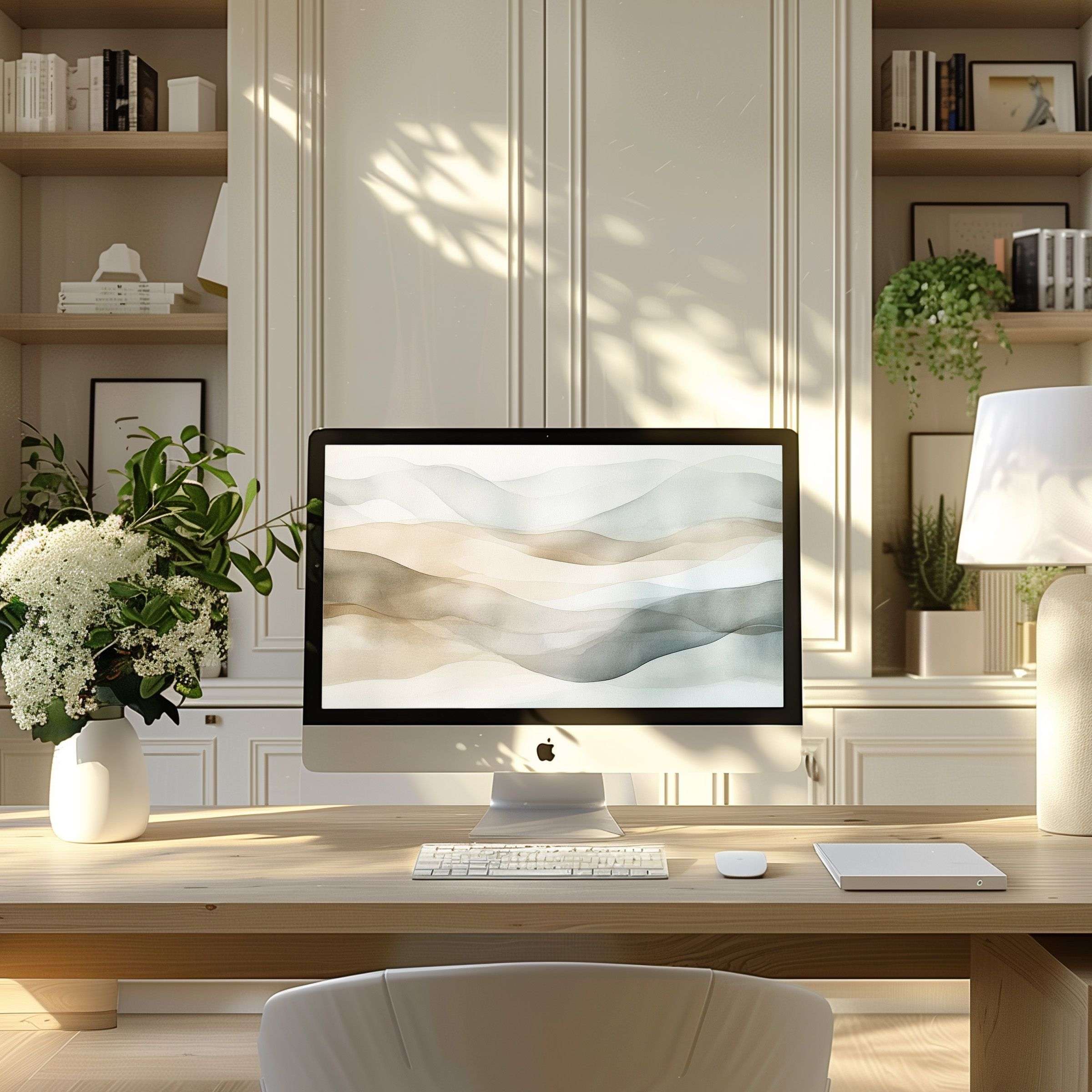 Elegant abstract art wallpaper for computer creating a calm, inspiring vibe in a modern home office, perfect for PC and laptop displays