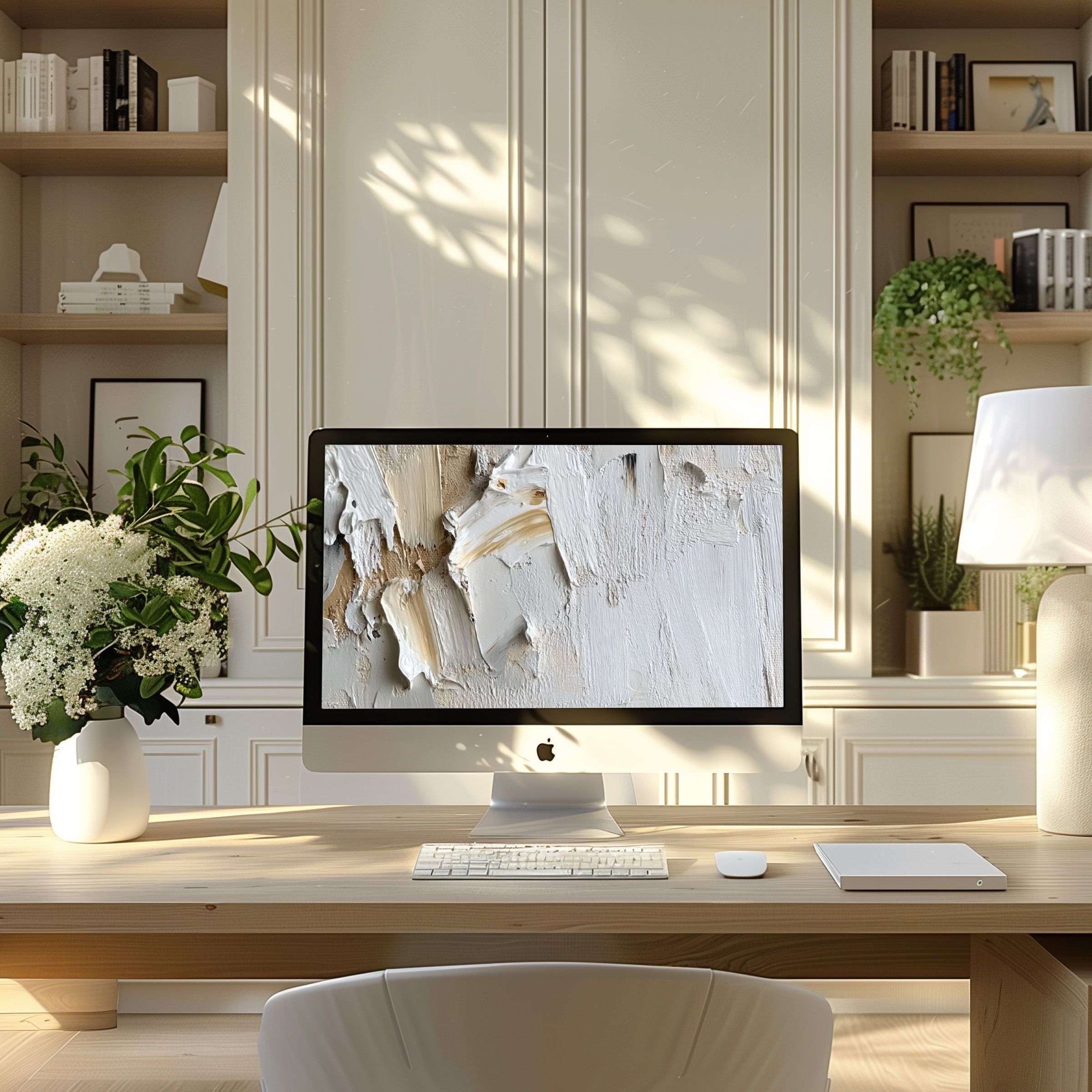 Elegant abstract white textured art as wallpaper for computer enhances a modern home office on PC or laptop inspiring calm creativity