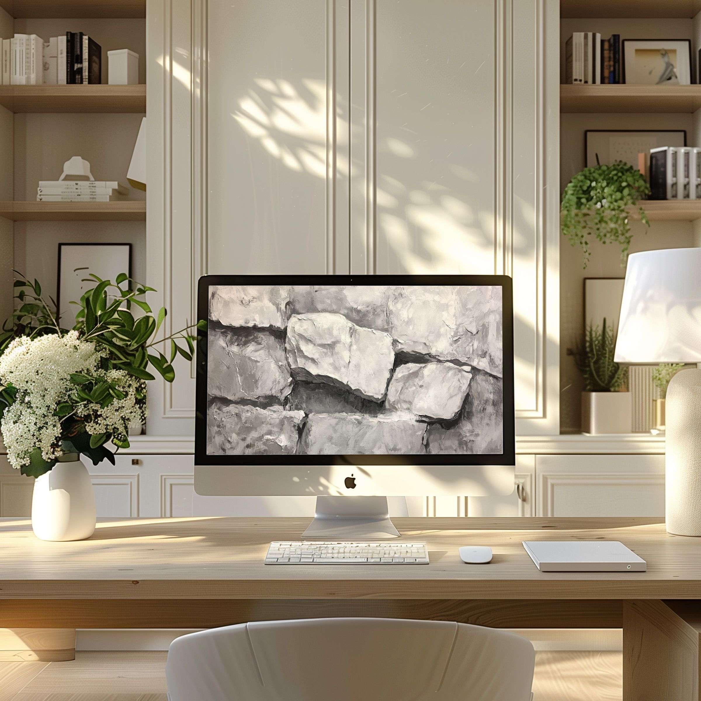 Elegant stone-inspired wallpaper for computer evokes calm and inspiration, perfect for PC or laptop in a modern home office setting