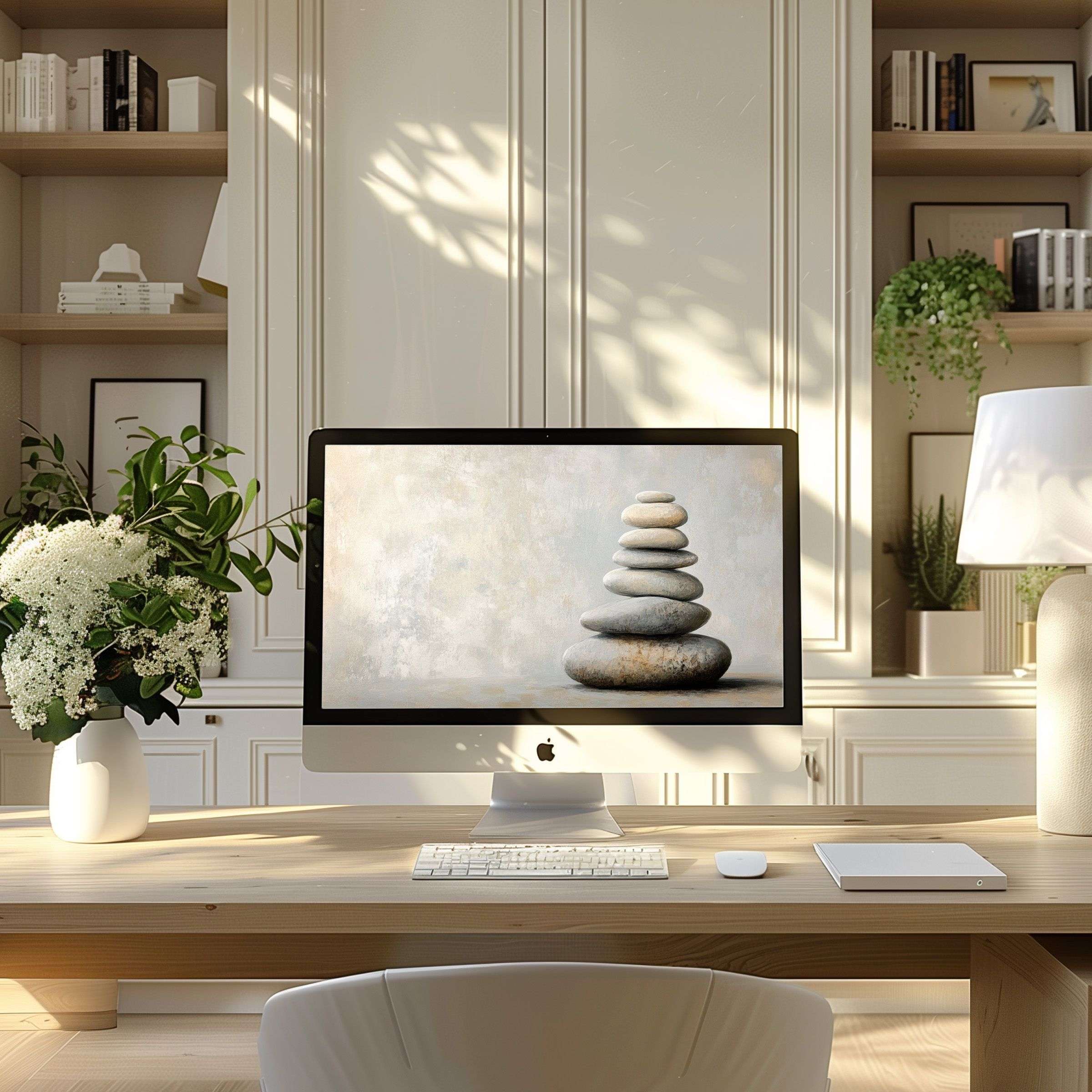 Balanced stones digital art as wallpaper for computer brings calm elegance to your PC or laptop in a serene home office