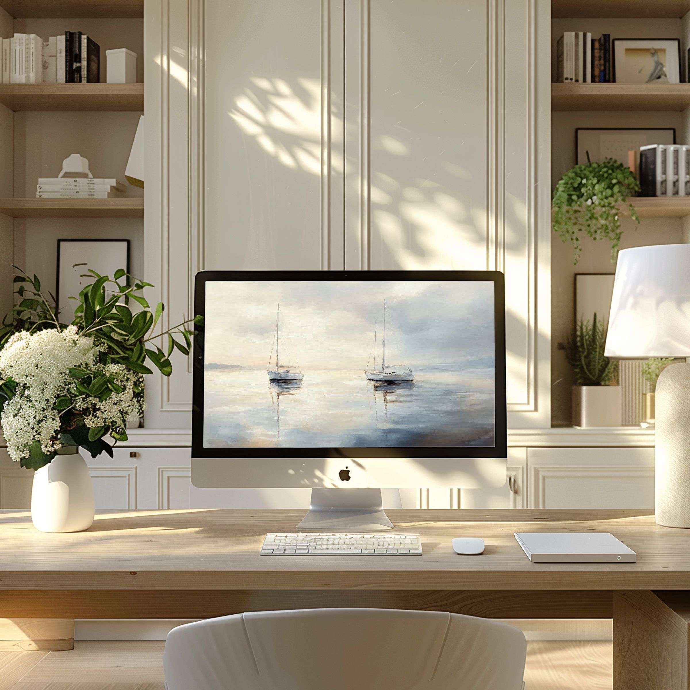 Sailboat-themed artwork delivers calm elegance as a wallpaper for computer, perfect for your PC or Laptop in a modern home office