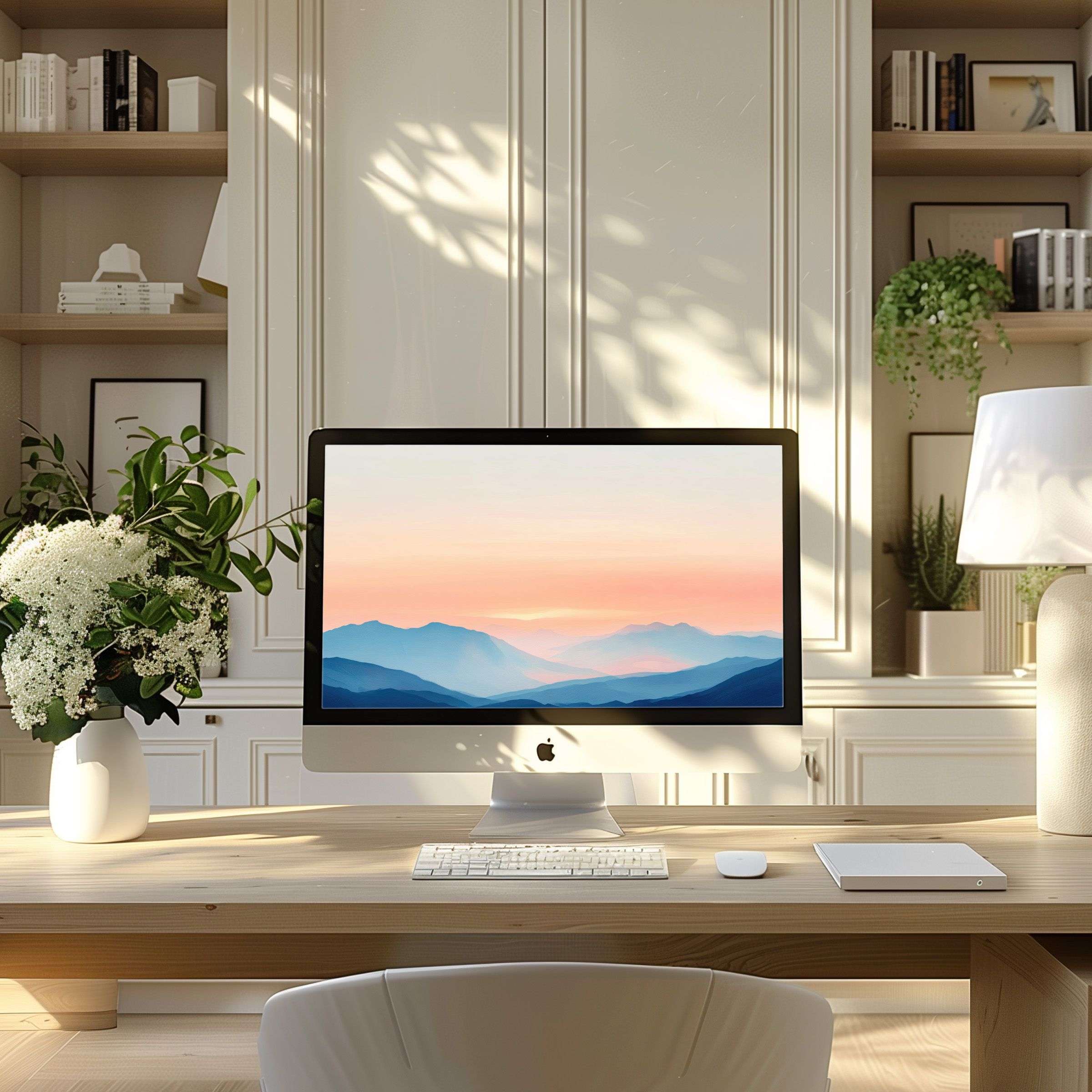 Elegant mountain landscape wallpaper for computer in modern home office offers calm inspiration for PC, laptop, ultrawide download