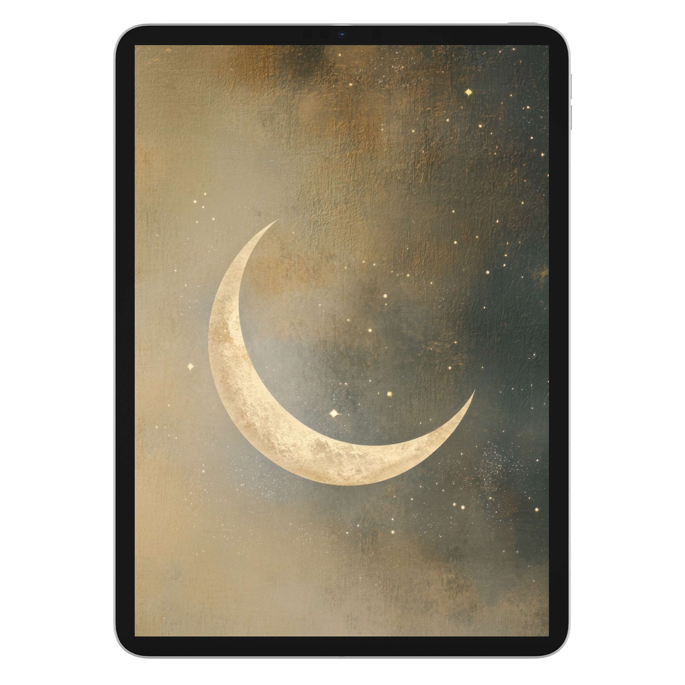 Elegant neutral iPad wallpaper showcases a serene crescent moon on a textured night sky, perfect digital download for tablet background