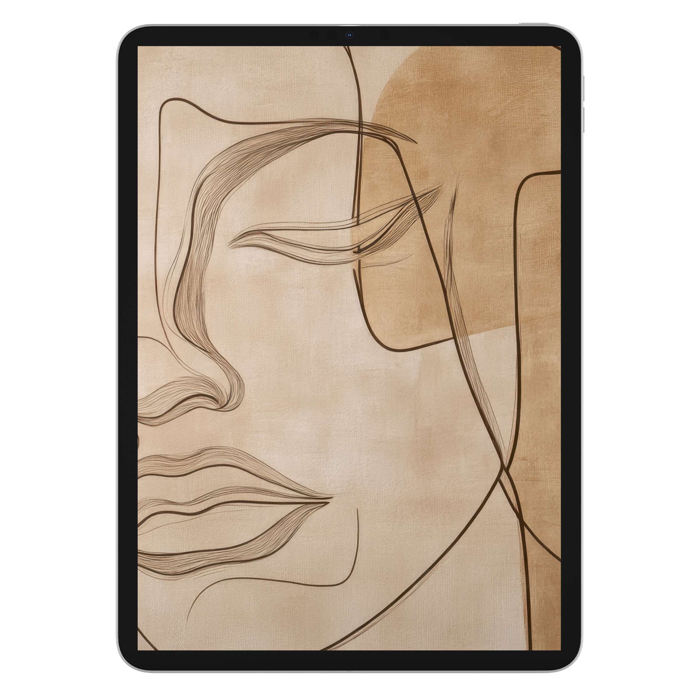 Neutral iPad wallpaper featuring elegant abstract face line art on beige background for tablet digital download calming aesthetics