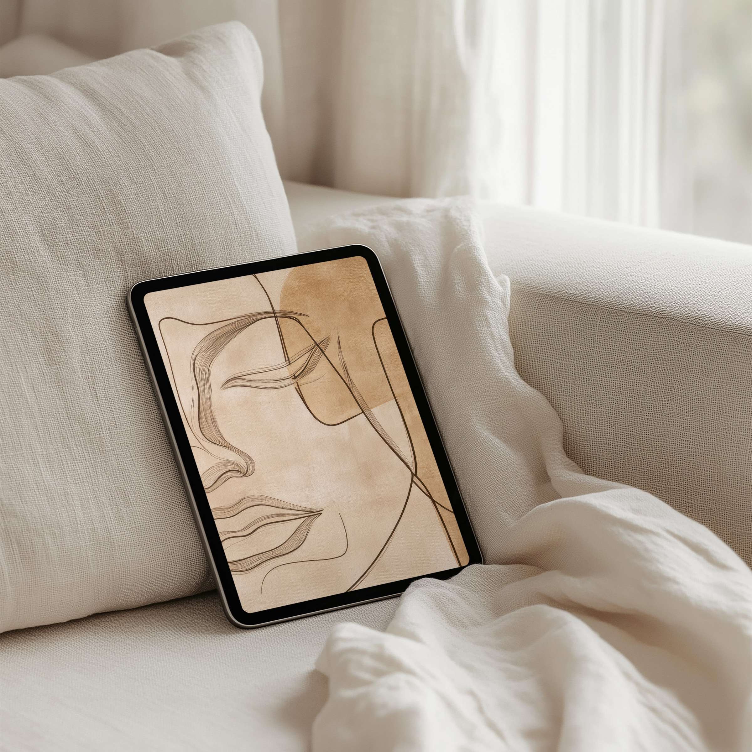 Elegant minimalist line art in earthy tones for iPad background offers calm, instant download for tablet use in peaceful settings