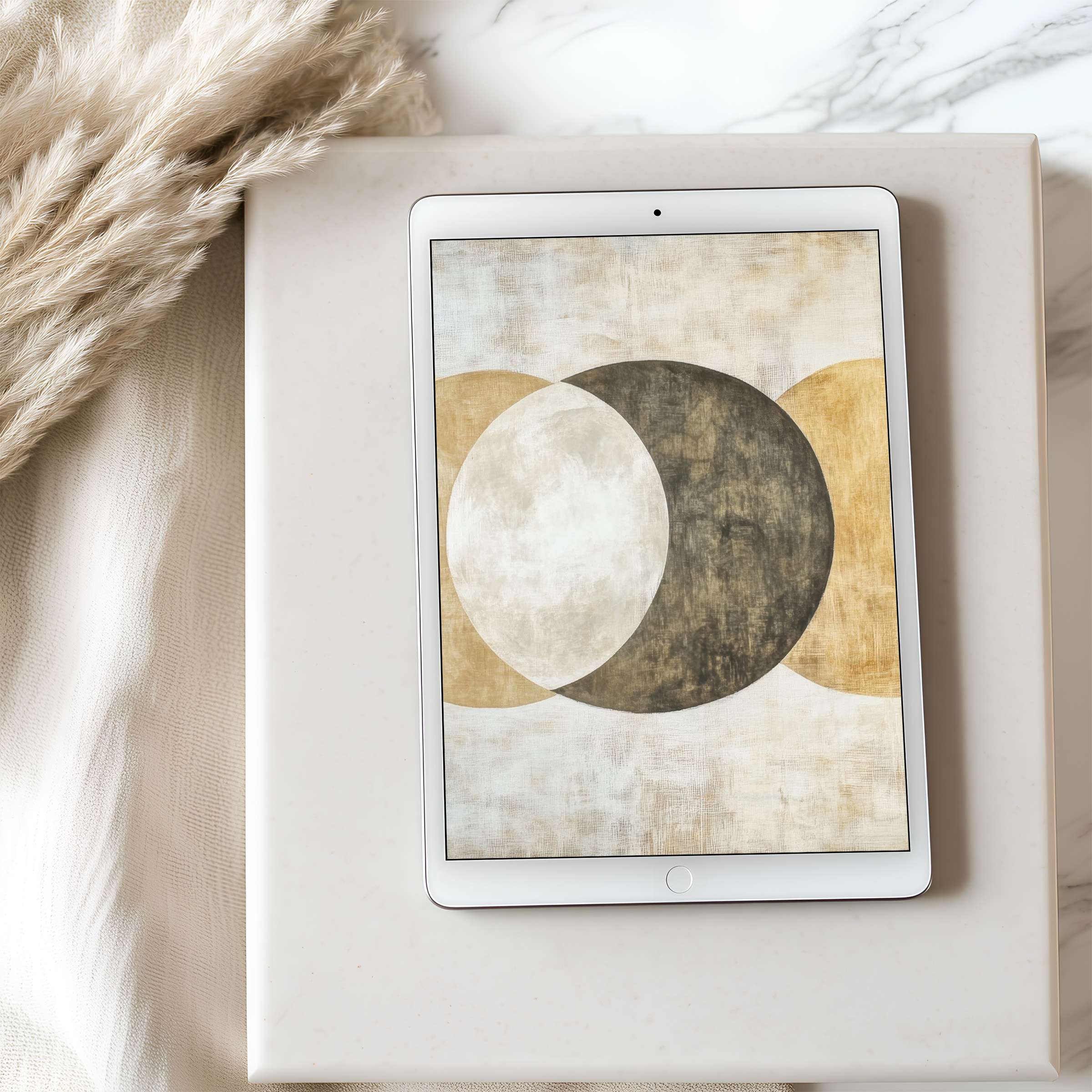 Elegant abstract tablet wallpaper featuring earthy circles, perfect for high resolution iPad downloads, enhancing serene interiors